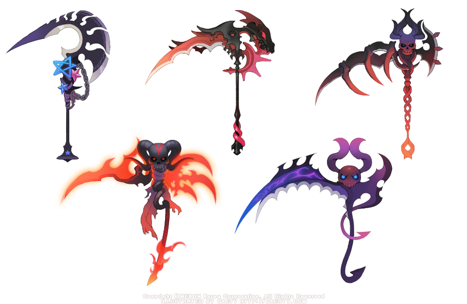 caesty, nexon, tales weaver, commentary request, korean commentary, official art, artist name, black horns, blue eyes, chain, company name, copyright notice, dated commentary, fire, flaming weapon, glowing, glowing eyes, horns, production art, purple horns, purple wings, red eyes, scythe, simple background, skull, star ornament, watermark, weapon, weapon focus, web address, white background, winged weapon, wings