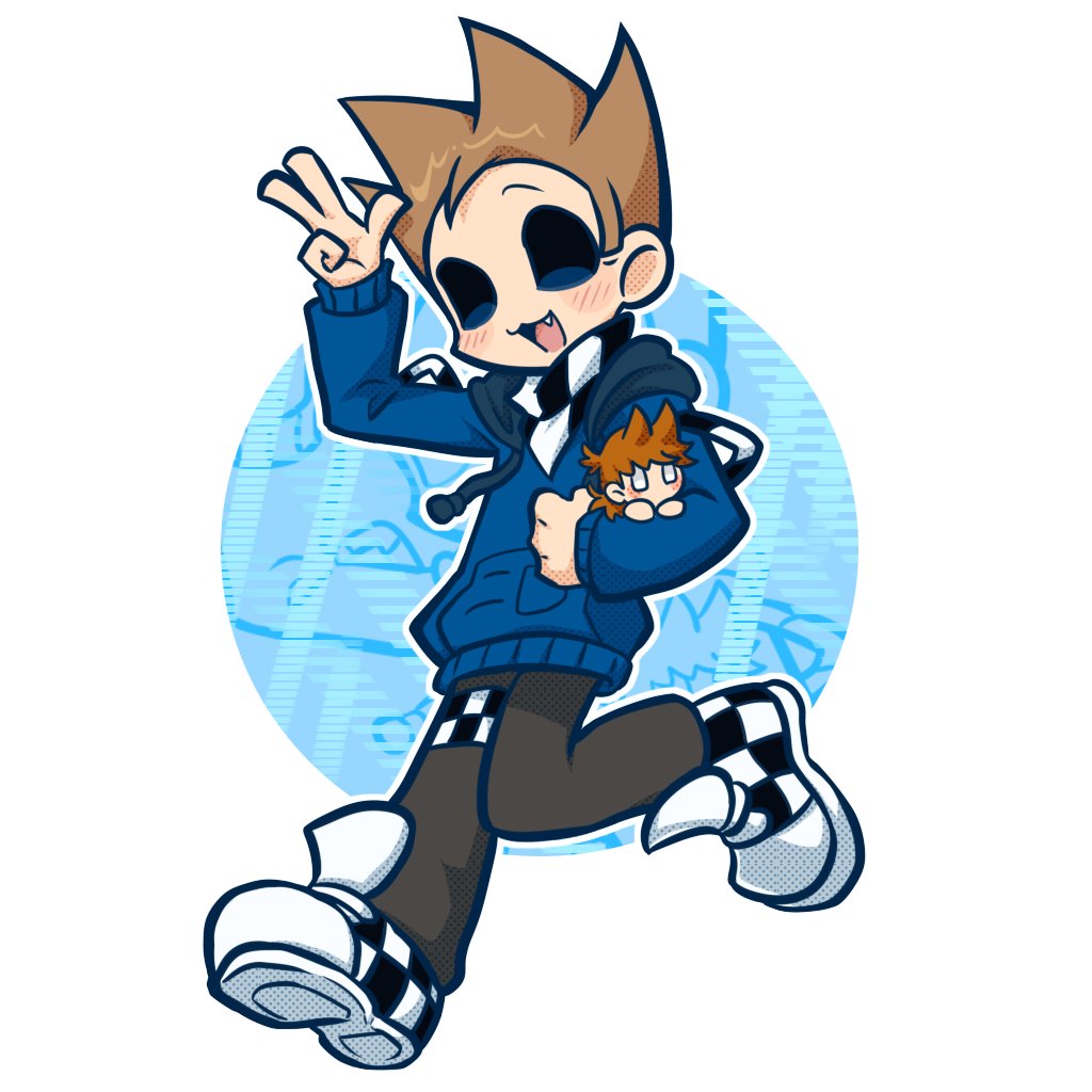 tom (eddsworld), eddsworld, commentary, 1boy, :3, black eyes, blue hoodie, blush, brown hair, ccai25, character doll, checkered neckerchief, checkered shoes, doll, fang, full body, grey pants, hood, hood down, hoodie, long sleeves, looking at viewer, male focus, neckerchief, open mouth, pants, shoes, short hair, smile, sneakers, solo, spiked hair, thick lineart, tord (eddsworld), w, walking, white background