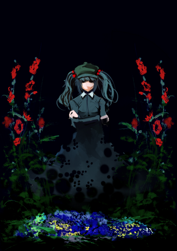 miatsushi, kawashiro nitori, touhou, bad id, bad pixiv id, 1girl, crossed arms, dark, female focus, flower, hat, nature, rose, solo, twintails, two side up