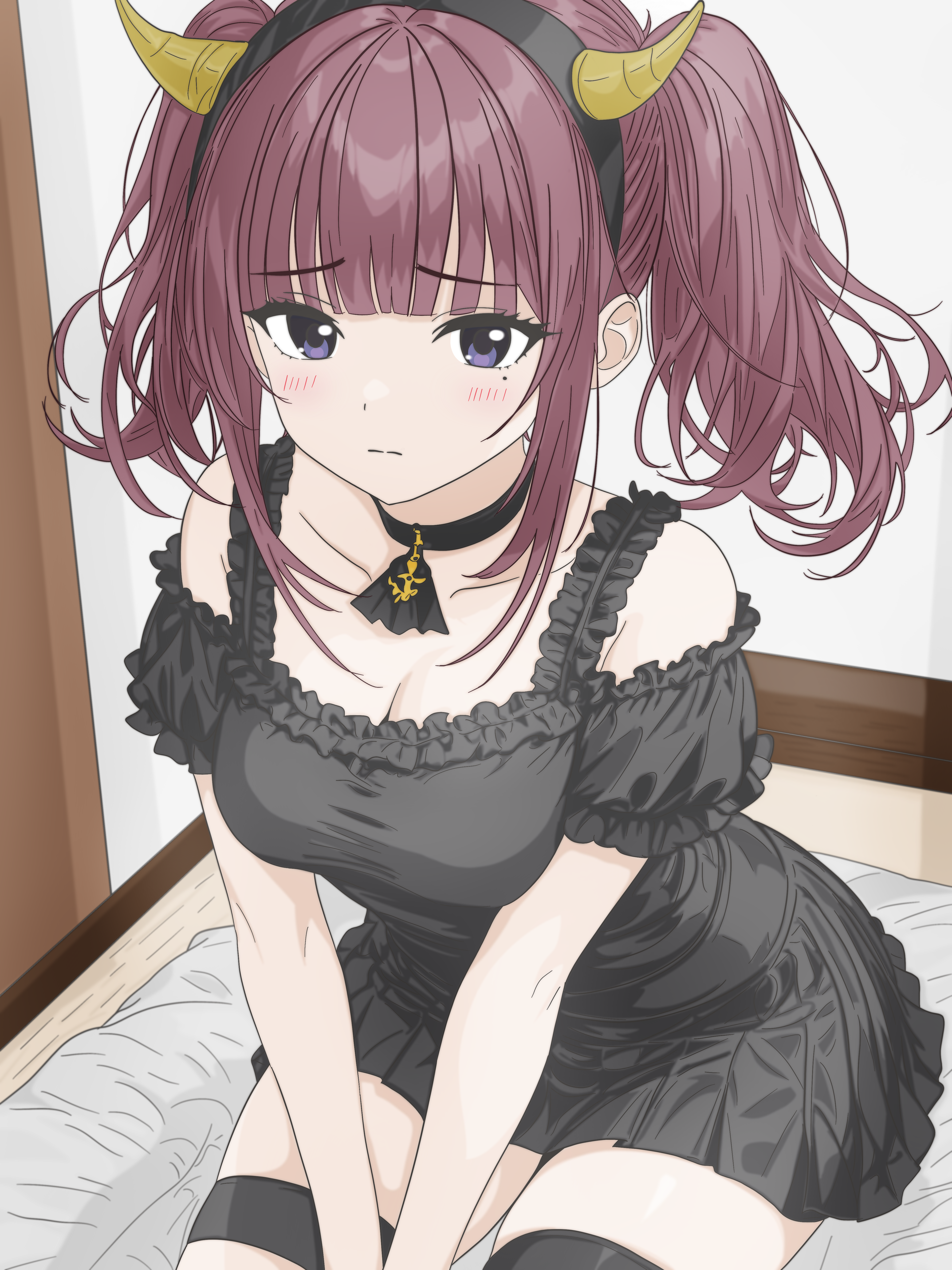 natsuki karin, synthesizer v, absurdres, commentary request, highres, 1girl, arms between legs, bare shoulders, between legs, black choker, black dress, black hairband, blunt bangs, blush, breasts, choker, cleavage, closed mouth, collarbone, demon horns, dress, fake horns, frilled dress, frills, hairband, hand between legs, horns, indoors, looking at viewer, medium breasts, mole, mole under eye, off-shoulder dress, off shoulder, on bed, purple eyes, short dress, short sleeves, sidelocks, sitting, solo, thigh strap, twintails, v-lab, v arms