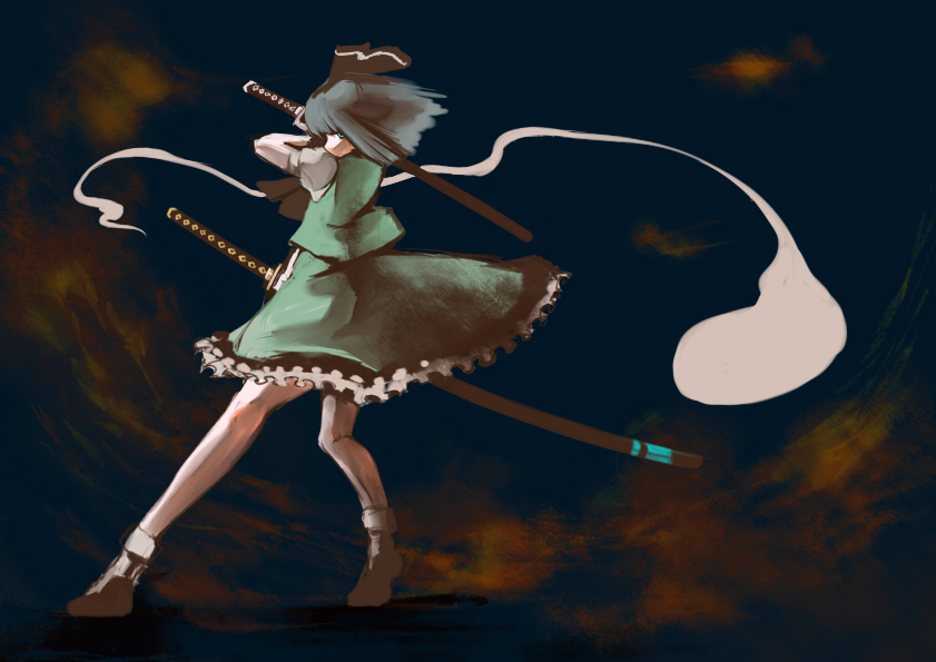 miatsushi, konpaku youmu, konpaku youmu (ghost), touhou, bad id, bad pixiv id, 1girl, dual wielding, female focus, hitodama, holding, solo, sword, weapon