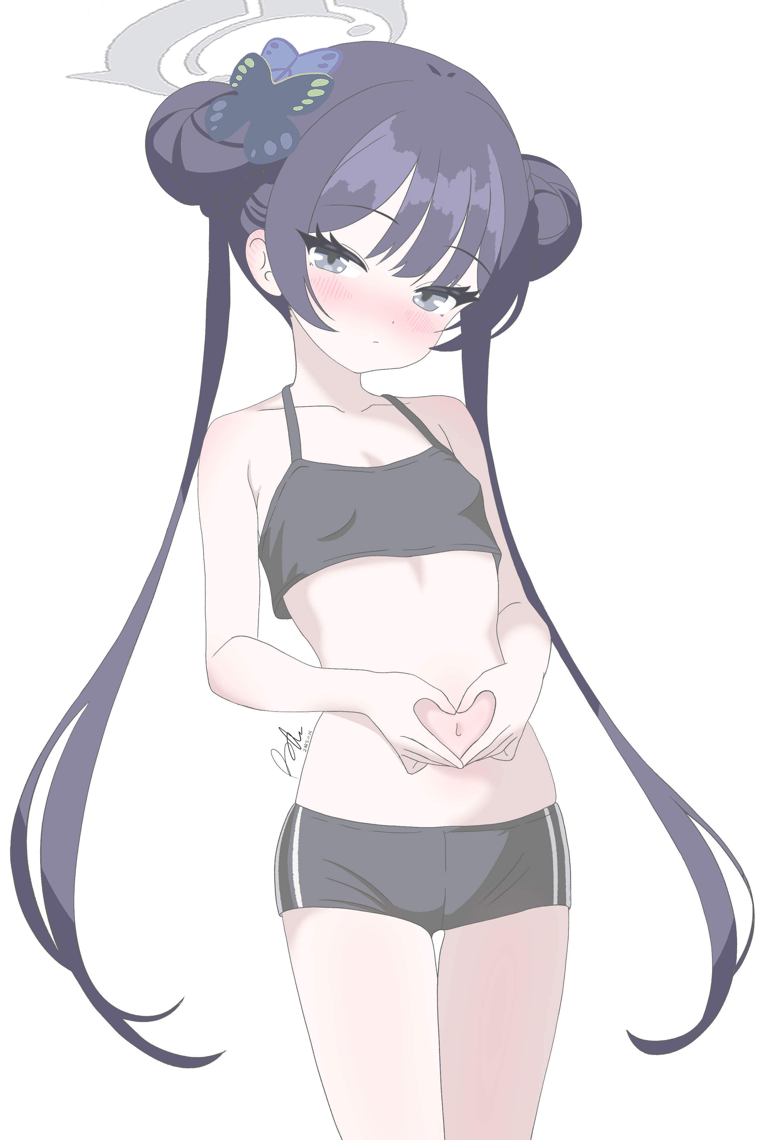 runarie, kisaki (blue archive), blue archive, absurdres, highres, 1girl, black hair, blush, braid, braided bun, breasts, butterfly hair ornament, cowboy shot, crop top, double bun, grey eyes, grey halo, hair bun, hair ornament, halo, heart, heart hands, heart hands over stomach, long hair, short shorts, shorts, signature, simple background, small breasts, solo, tank top, twintails, very long hair, white background