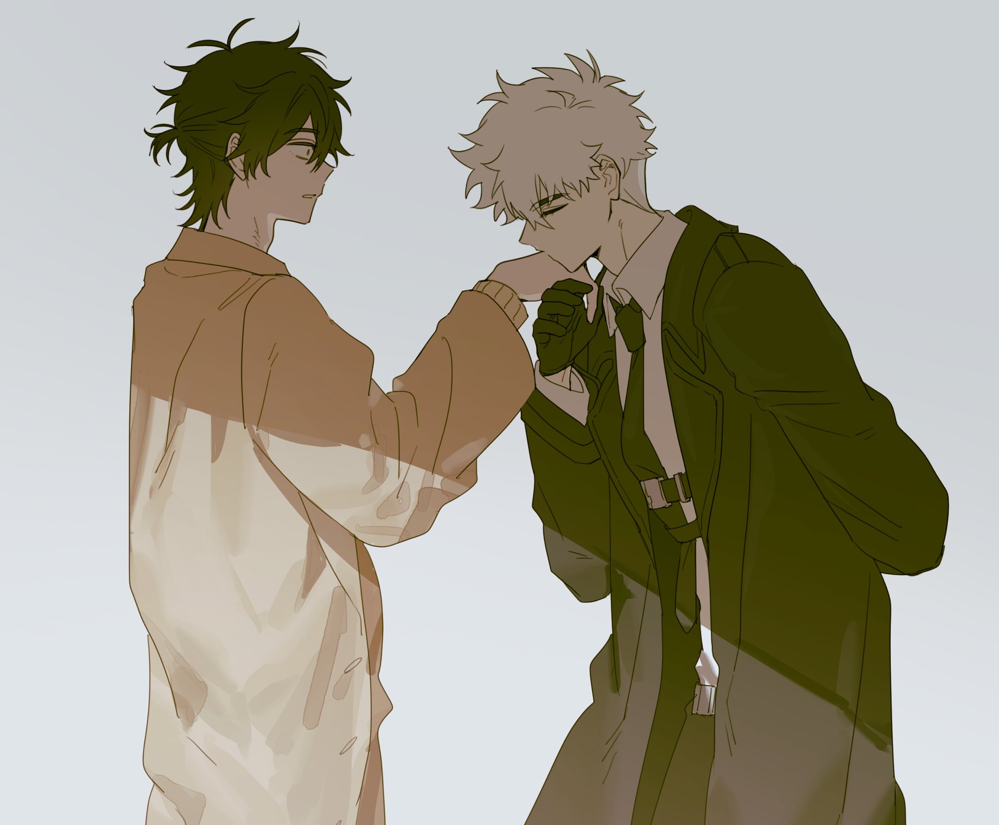 justjust monika, cheng xiaoshi, lu guang, shiguang dailiren, highres, 2boys, alternate costume, antenna hair, arm behind back, belt, black belt, black coat, black gloves, black hair, black necktie, black pants, brown sweater, chest belt, closed eyes, closed mouth, coat, collared shirt, cowboy shot, from side, gloves, grey background, hand in pocket, hand up, holding hands, kiss, kissing hand, leaning forward, long sleeves, looking at another, male focus, messy hair, multiple boys, necktie, open clothes, open coat, pants, parted lips, ponytail, profile, shade, shirt, short hair, short ponytail, simple background, standing, sweater, white background, white hair, white shirt, yaoi