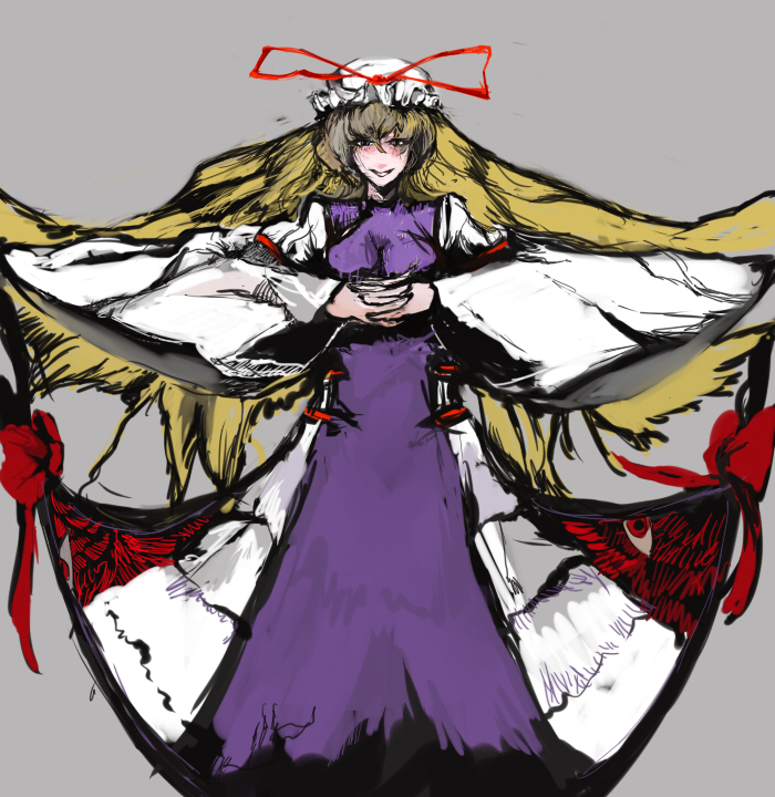 miatsushi, yakumo yukari, touhou, bad id, bad pixiv id, 1girl, blonde hair, female focus, hat, long hair, simple background, solo, very long hair