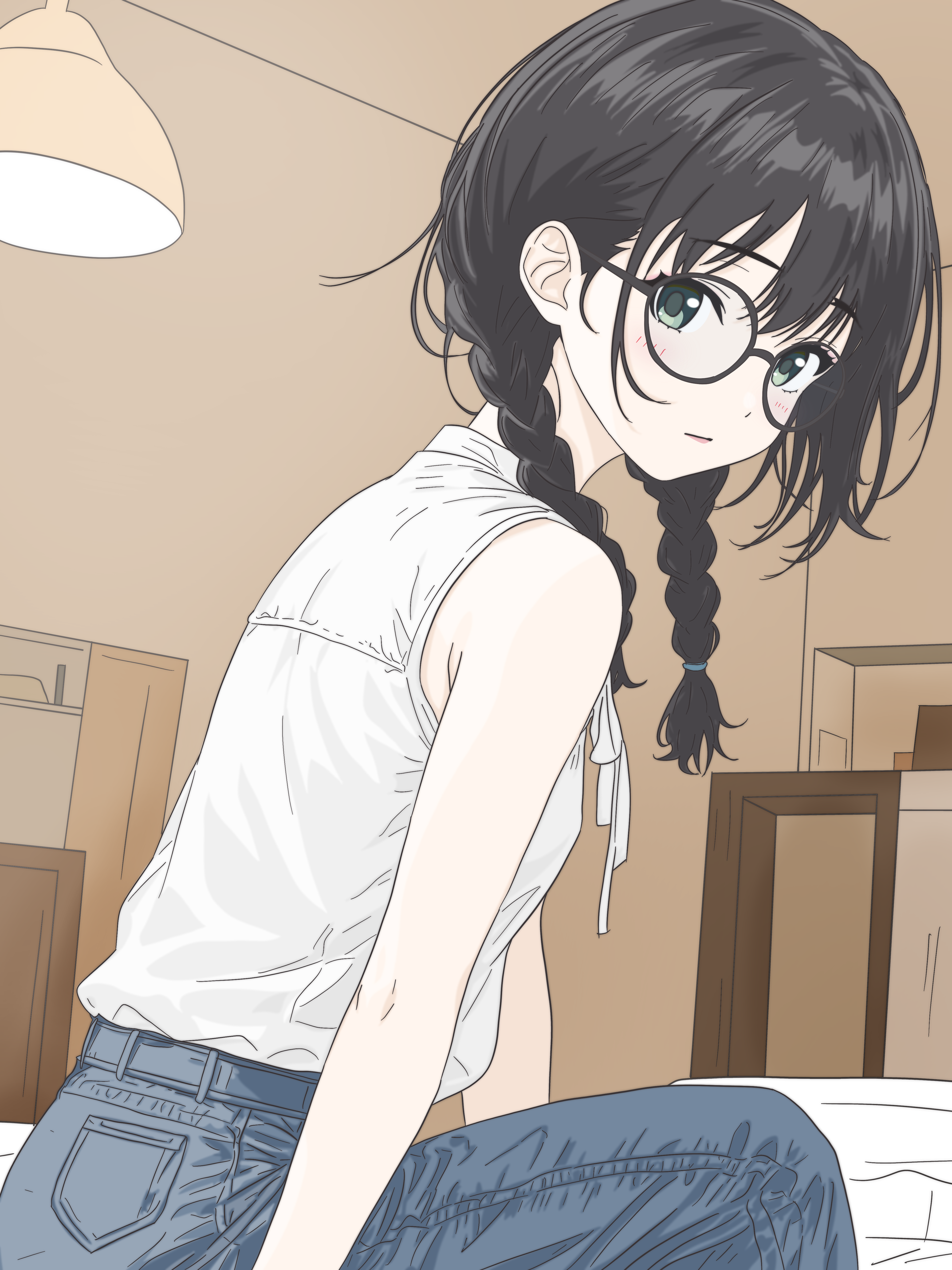 hanakuma chifuyu, synthesizer v, absurdres, highres, 1girl, bare shoulders, black-framed eyewear, black hair, blue pants, blush, braid, denim, from side, glasses, green eyes, indoors, jeans, jimiko, long hair, looking at viewer, looking to the side, low twintails, pants, parted lips, round eyewear, shirt, shirt tucked in, sitting, sleeveless, sleeveless shirt, solo, twin braids, twintails, v-lab, white shirt