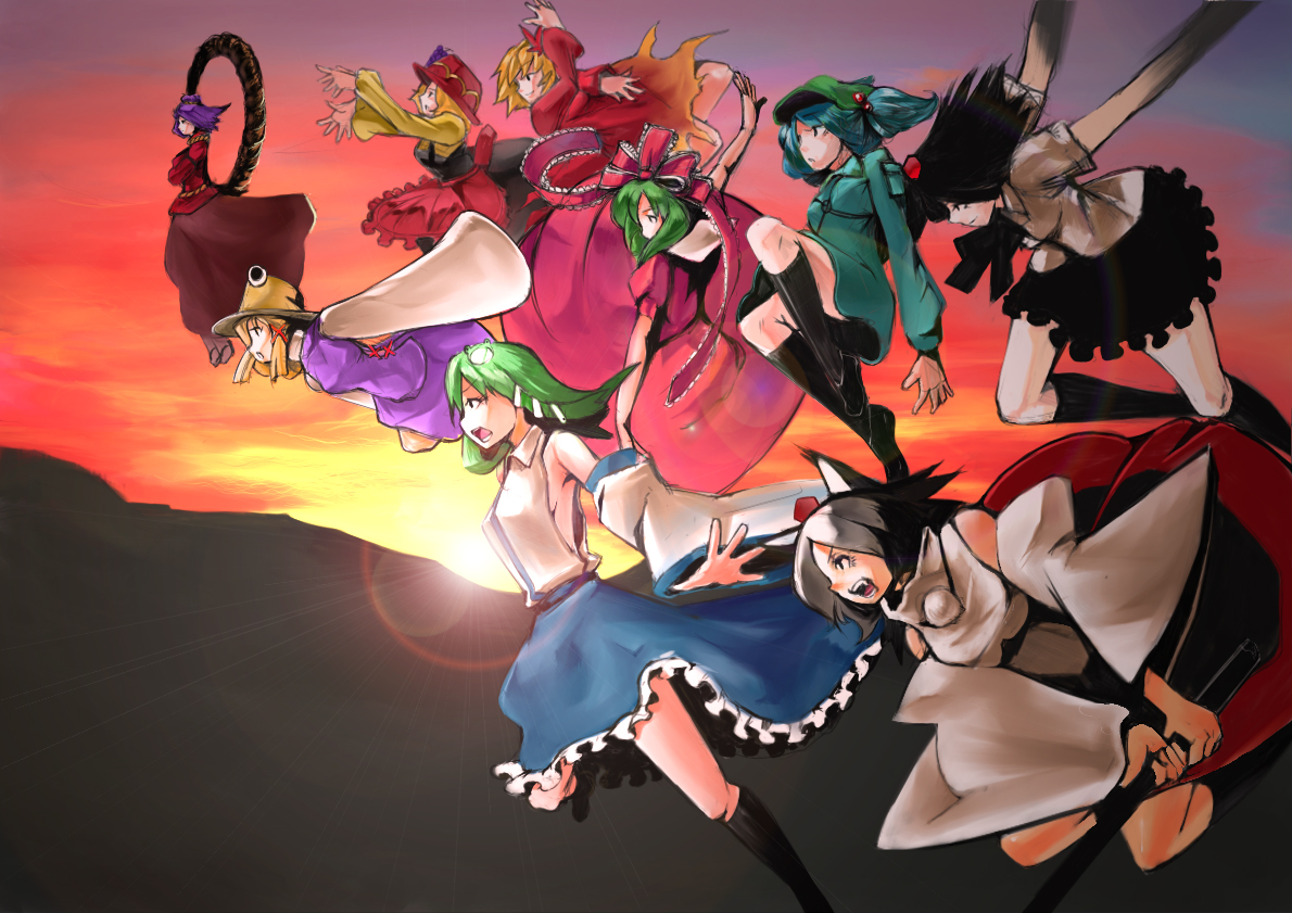 miatsushi, aki minoriko, aki shizuha, inubashiri momiji, kagiyama hina, kawashiro nitori, kochiya sanae, moriya suwako, shameimaru aya, yasaka kanako, mountain of faith, touhou, silver hair, bad id, bad pixiv id, 6+girls, backpack, bag, black hair, blue dress, detached sleeves, dress, everyone, female focus, flying, from side, green hair, hat, multiple girls, outstretched arms, puffy short sleeves, puffy sleeves, purple hair, rope, short sleeves, tokin hat, two side up