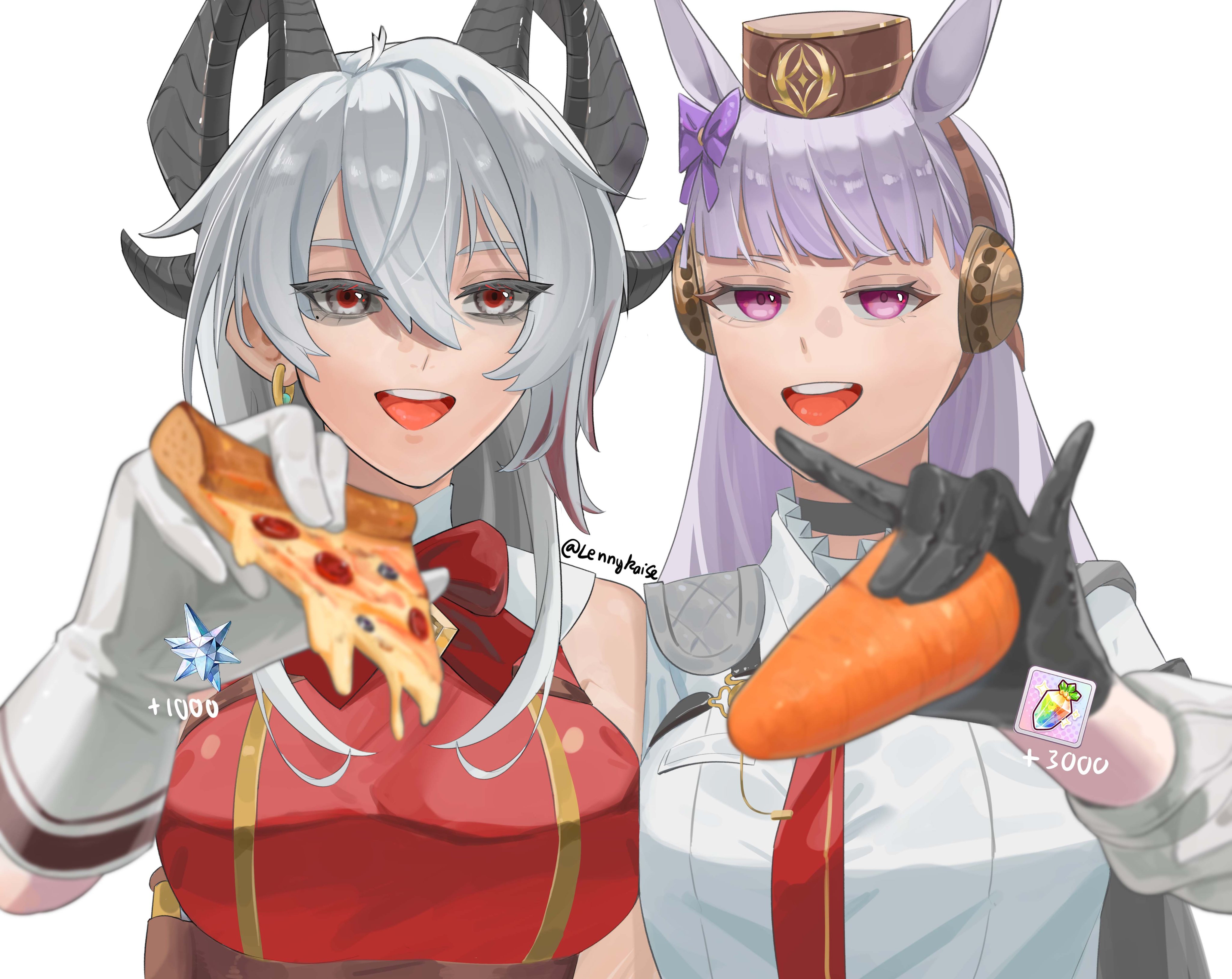lennykaise, gold ship (red strife) (umamusume), gold ship (umamusume), ueda hitomi, zani (wuthering waves), umamusume, wuthering waves, absurdres, highres, 2girls, animal ears, black choker, black gloves, black horns, blurry, blurry foreground, bow, breasts, brown hat, carrot, choker, cosplay, costume switch, crossover, ear bow, ear covers, earrings, eyebrows hidden by hair, food, gloves, gold ship (umamusume) (cosplay), grey eyes, grey hair, hair between eyes, hat, holding, holding carrot, holding food, holding pizza, horns, horse ears, incoming food, jewelry, long hair, looking at viewer, multicolored eyes, multicolored hair, multiple girls, necktie, open mouth, pillbox hat, pizza, pizza slice, purple eyes, red eyes, red hair, shirt, side-by-side, simple background, sleeveless, smile, tongue, twitter username, two-tone eyes, two-tone hair, upper body, vegetable, voice actor connection, white background, white gloves, zani (wuthering waves) (cosplay)