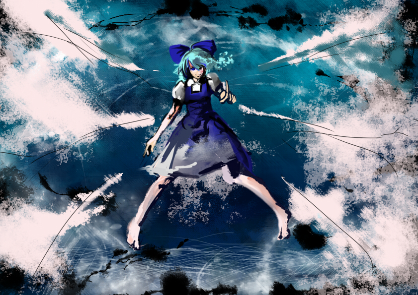 miatsushi, cirno, embodiment of scarlet devil, touhou, bad id, bad pixiv id, 1girl, aqua hair, blue bow, blue dress, blue eyes, blue hair, bow, dress, female focus, flying, full body, hair bow, large bow, matching hair/eyes, puffy short sleeves, puffy sleeves, short hair, short sleeves, solo, wings