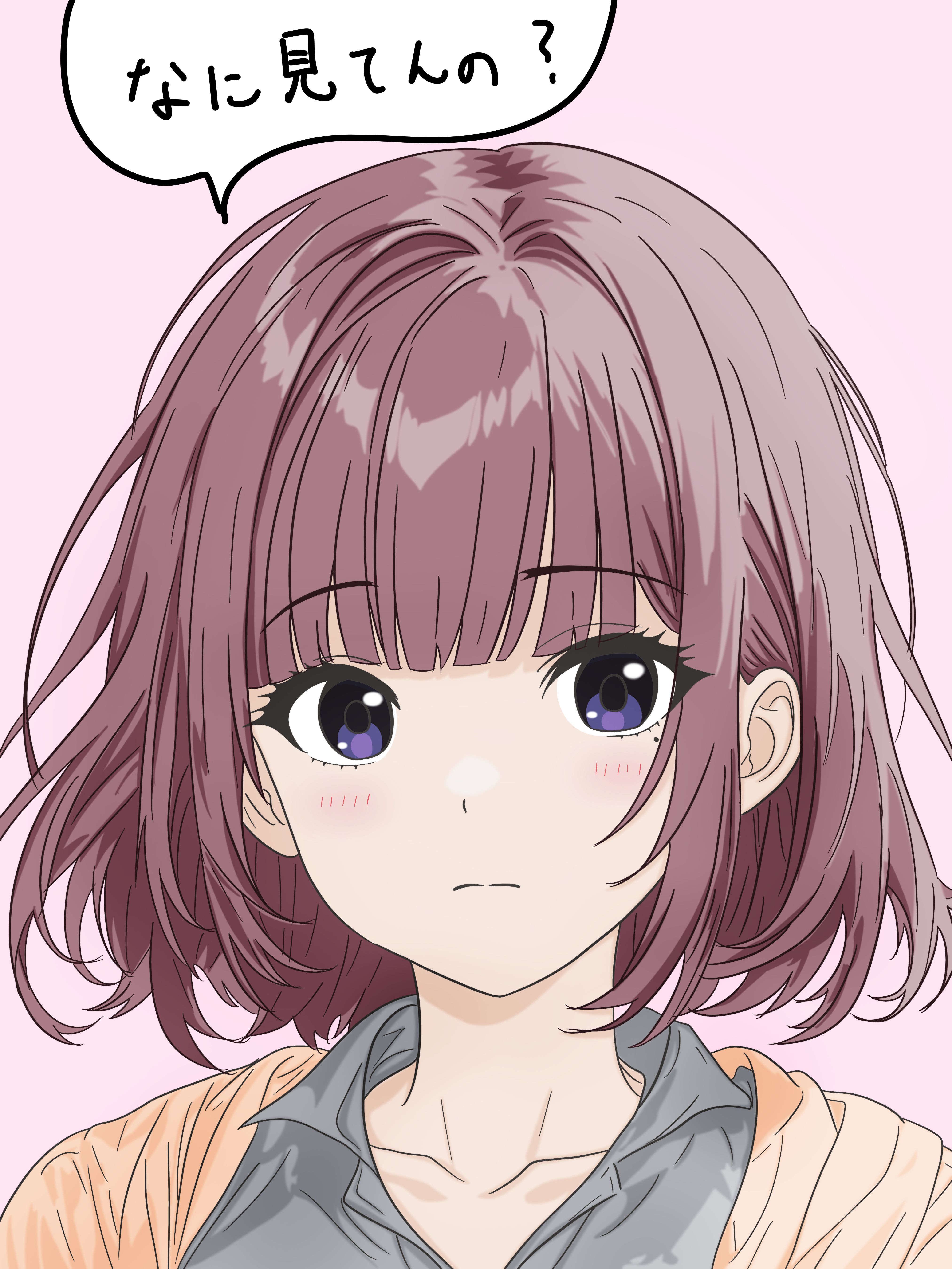 natsuki karin, synthesizer v, absurdres, highres, 1girl, alternate hairstyle, blunt bangs, blush, bob cut, brown hair, cardigan, closed mouth, collarbone, collared shirt, grey shirt, jacket, looking at viewer, medium hair, mole, mole under eye, open clothes, orange jacket, pink background, portrait, purple eyes, shirt, short hair, simple background, solo, speech bubble, v-lab