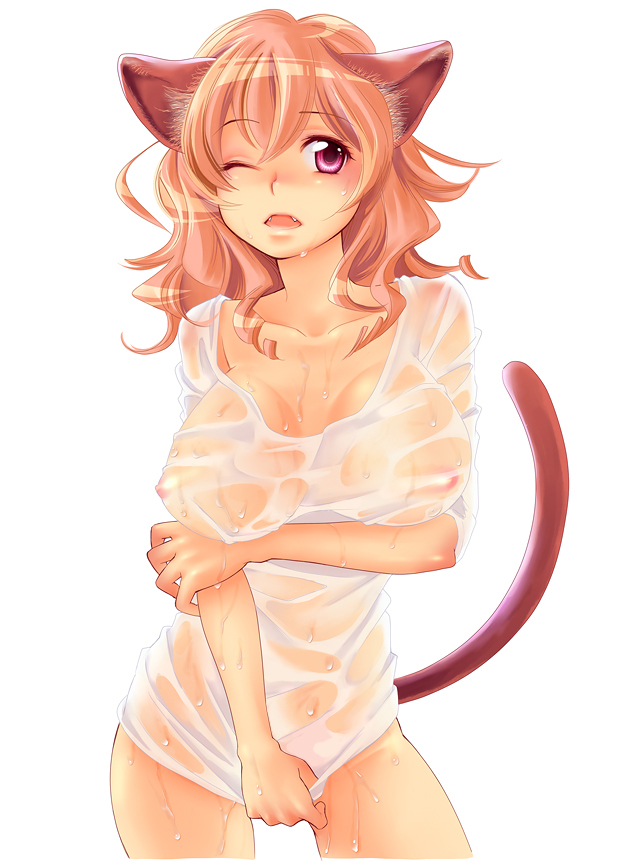 guri (bluedrop), original, third-party edit, animal ears, breasts, cat ears, cat tail, fangs, holding own arm, large breasts, long hair, nipples, one eye closed, open mouth, penis, pink eyes, pink hair, see-through clothes, shirt, solo, tail, wet, wet clothes, wet shirt, wink