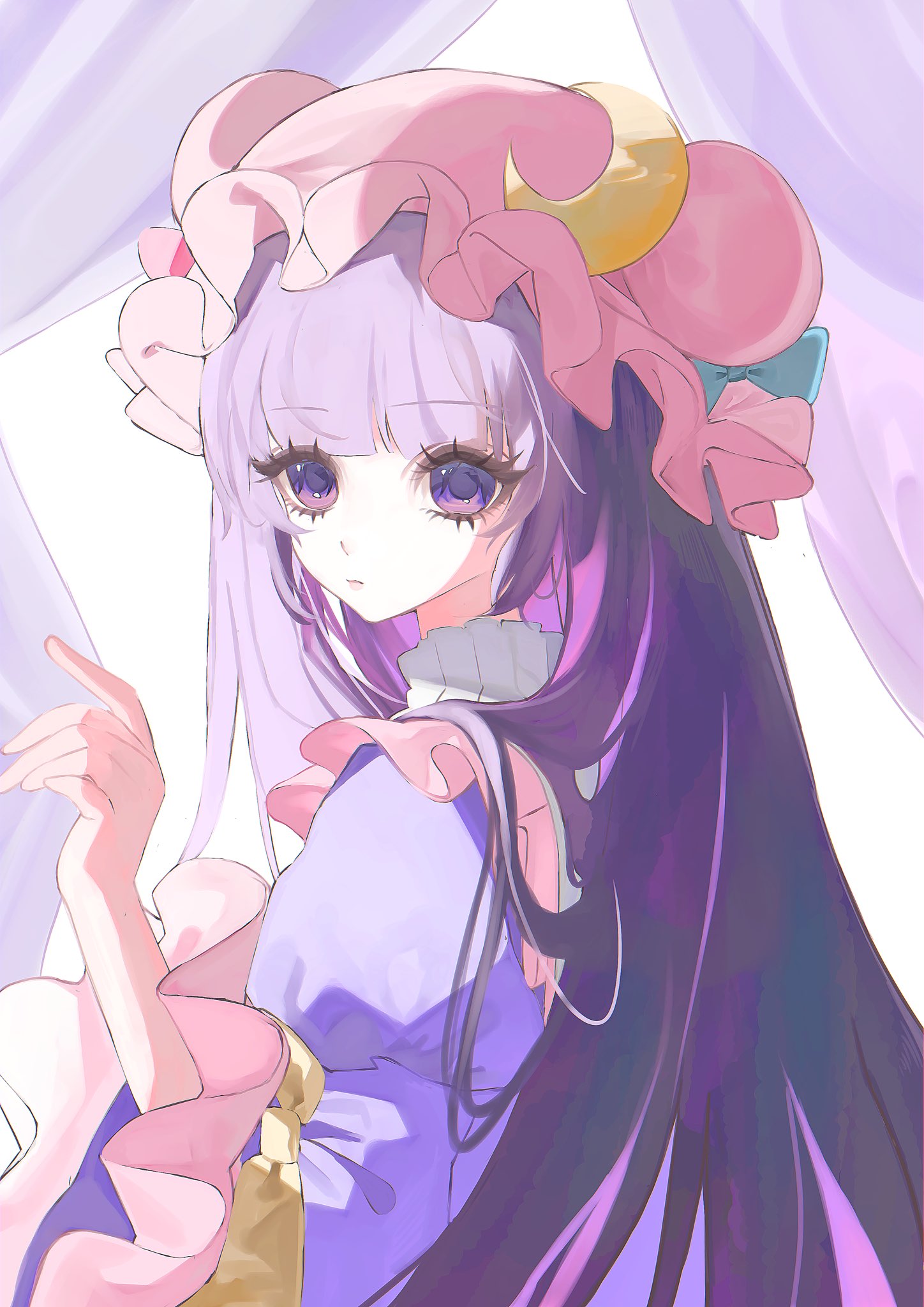 ebi mayopuri, patchouli knowledge, touhou, commentary, hashtag-only commentary, highres, symbol-only commentary, 1girl, blunt bangs, crescent, crescent hat ornament, expressionless, frills, from behind, hand up, hat, hat ornament, long hair, long sleeves, looking at viewer, looking back, mob cap, purple eyes, purple hair, purple robe, robe, solo, upper body