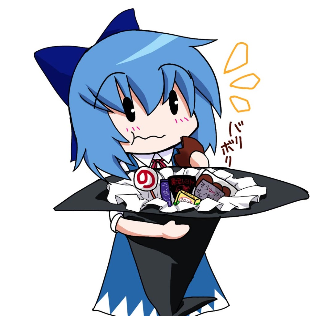 sugina fujitaka, cirno, embodiment of scarlet devil, touhou, 1girl, :t, blue hair, bow, candy, chibi, circled 9, cookie, eating, female focus, food, hair bow, hat, short hair, simple background, solo, wavy mouth, witch hat