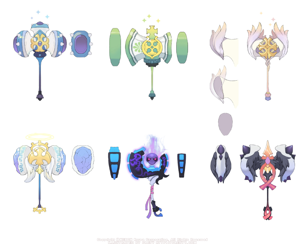 caesty, nexon, tales weaver, commentary request, korean commentary, official art, artist name, black wings, company name, copyright notice, crystal, dated commentary, gradient ribbon, halo, huge weapon, mallet, no humans, pink ribbon, production art, purple ribbon, red eyes, ribbon, simple background, skull, watermark, weapon, weapon focus, web address, white background, white wings, winged weapon, wings