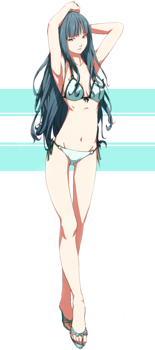 sousou (sousouworks), itoshiki rin, sayonara zetsubou sensei, bad id, bad pixiv id, 00s, 1girl, armpits, arms behind head, arms up, bikini, black hair, brown eyes, crossed legs, female focus, full body, groin, long hair, navel, sandals, side-tie bikini bottom, skinny, slender, smile, solo, standing, swimsuit, watson cross, yellow eyes