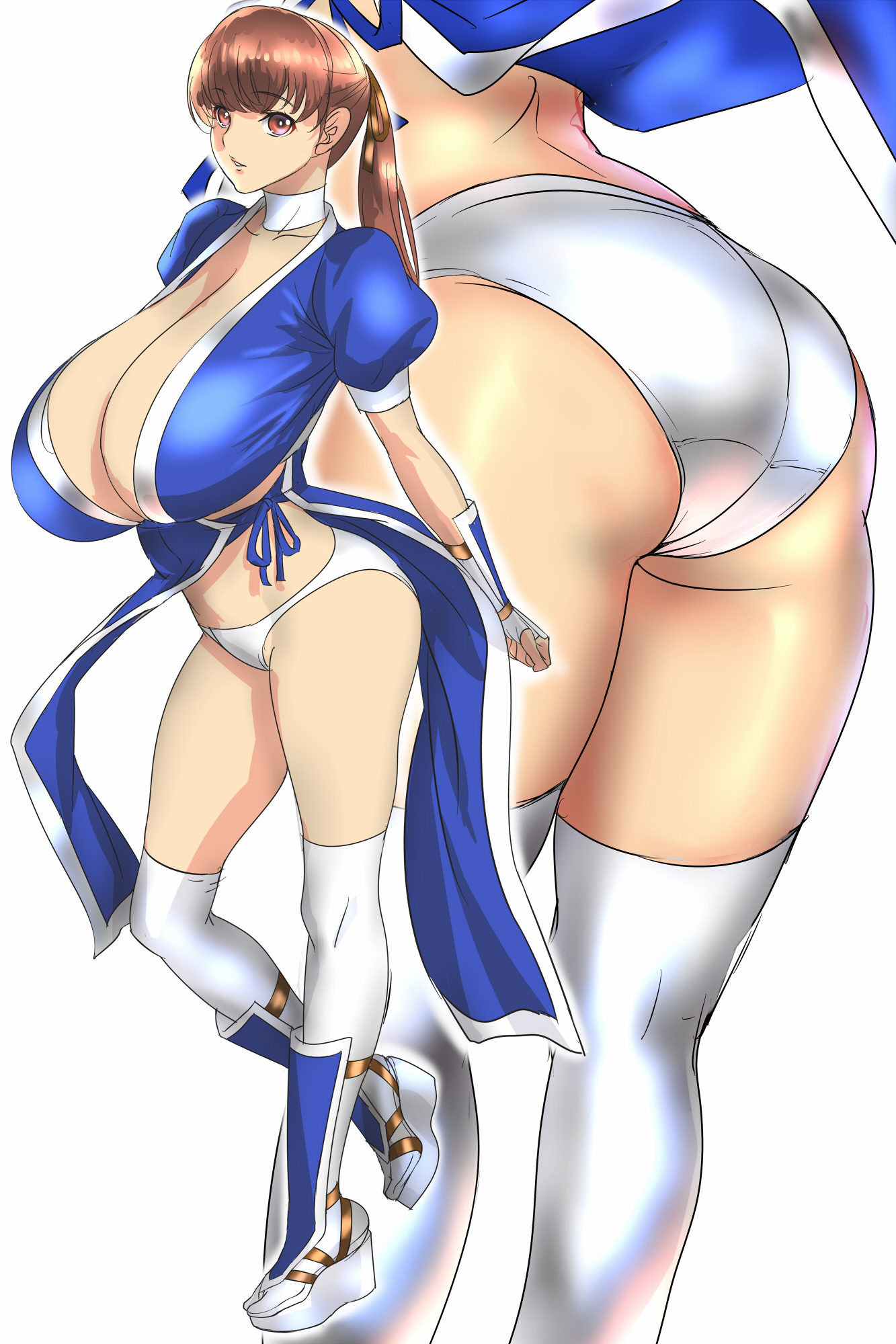judge (oekaki), kasumi (doa), dead or alive, 1girl, ass, ass focus, breasts, brown eyes, brown hair, cleavage, huge breasts, long hair, looking at viewer, ninja, panties, pelvic curtain, ponytail, short sleeves, socks, underwear, white background