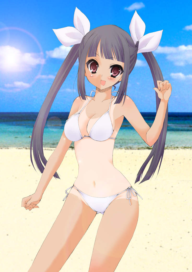 yukimaru (pixiv569460), yukimaru tubaki, original, 1girl, :d, bikini, day, female focus, lens flare, long hair, midriff, navel, one-piece tan, open mouth, photo background, purple hair, red eyes, side-tie bikini bottom, smile, solo, sun, swimsuit, tan, tanline, twintails, white bikini