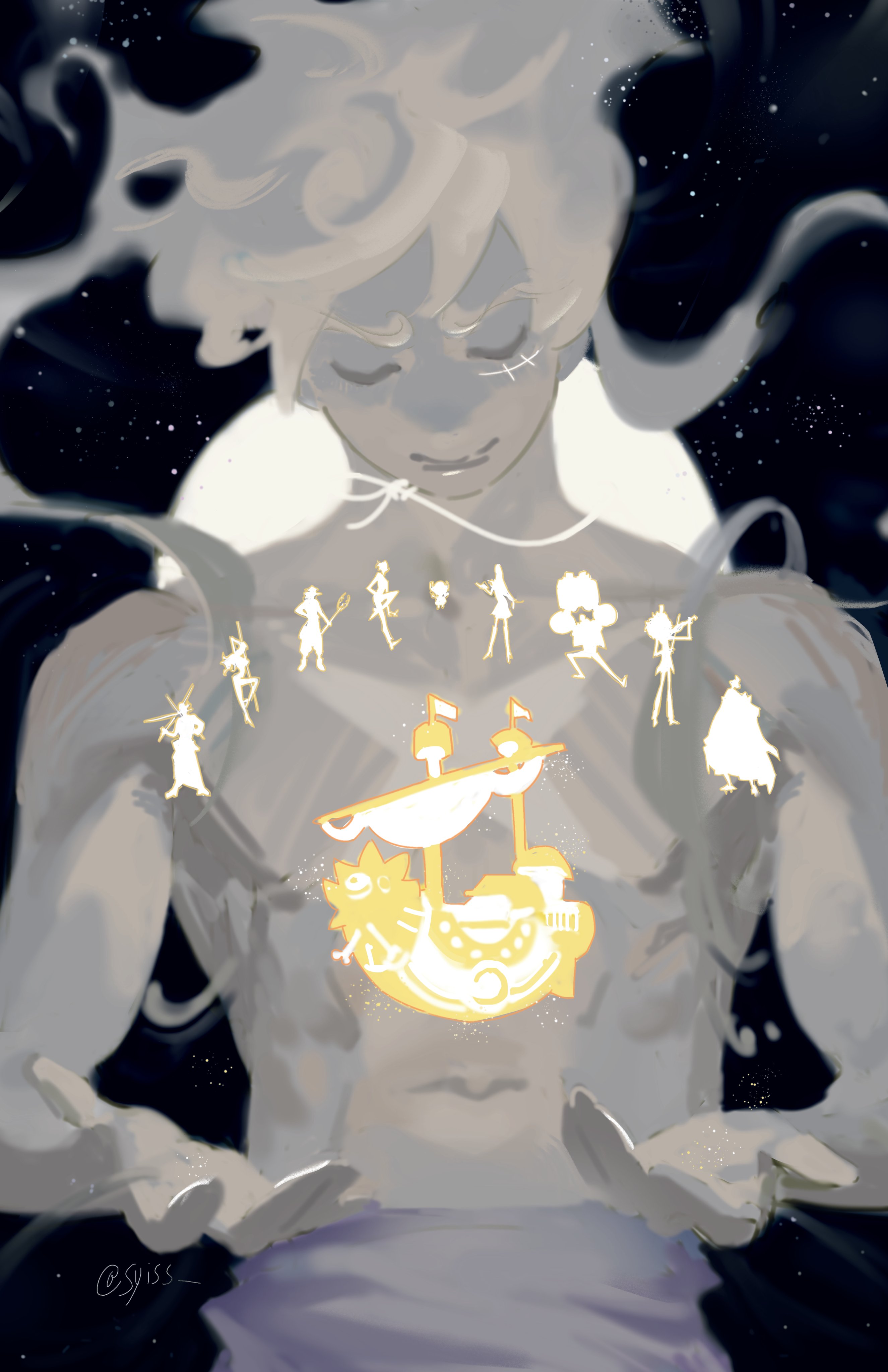 brook (one piece), franky (one piece), jinbe (one piece), monkey d. luffy, nami (one piece), nico robin, roronoa zoro, sanji (one piece), thousand sunny, tony tony chopper, usopp, one piece, absurdres, highres, 1boy, boat, gear fifth, hagoromo, hair up, hat, holding, holding instrument, holding sword, holding violin, holding weapon, instrument, male focus, sash, scar, scar on face, shadow, shawl, smile, solo, straw hat, straw hat pirates, sword, syiss, topless male, twitter username, violin, watercraft, weapon