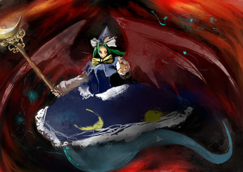 miatsushi, mima (touhou), mystic square, touhou, touhou (pc-98), bad id, bad pixiv id, 1girl, female focus, green hair, hat, solo, staff, wings, wizard hat