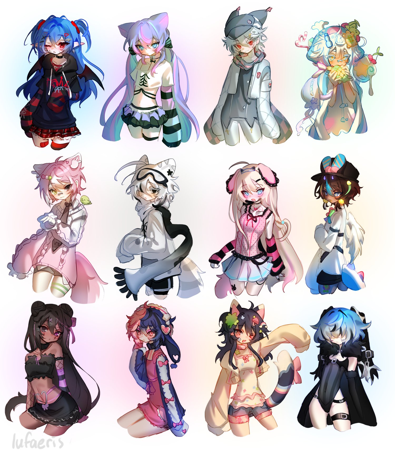cloud (lufaeris), original, commentary, commission, english commentary, highres, 2boys, 6+girls, animal ears, bat wings, black cape, black eyes, black hair, black hoodie, black leotard, black skirt, blonde hair, blue eyes, blue hair, blue skirt, breasts, brown eyes, brown hair, cape, cat ears, cat girl, cat tail, closed mouth, crop top, crossed bangs, dark-skinned female, dark skin, double-parted bangs, dress, gradient clothes, gradient sweater, grey eyes, grey hair, grey sweater, hair between eyes, hair ornament, hair over eyes, heterochromia, hood, hood down, hoodie, jacket, leotard, long hair, long sleeves, looking at viewer, miniskirt, multicolored hair, multiple boys, multiple girls, one eye closed, open mouth, pink hair, pink shirt, pointy ears, purple hair, red eyes, red skirt, shirt, short hair, simple background, skirt, small breasts, smile, split-color hair, sweater, tail, two side up, white background, white hair, white jacket, white shirt, wings, yellow dress