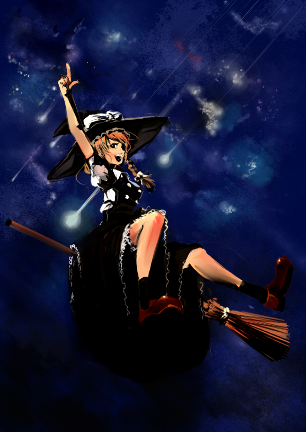 miatsushi, kirisame marisa, touhou, bad id, bad pixiv id, 1girl, blonde hair, braid, broom, broom riding, female focus, hat, pointing, shooting star, sky, socks, solo, star (sky), starry sky, witch, witch hat