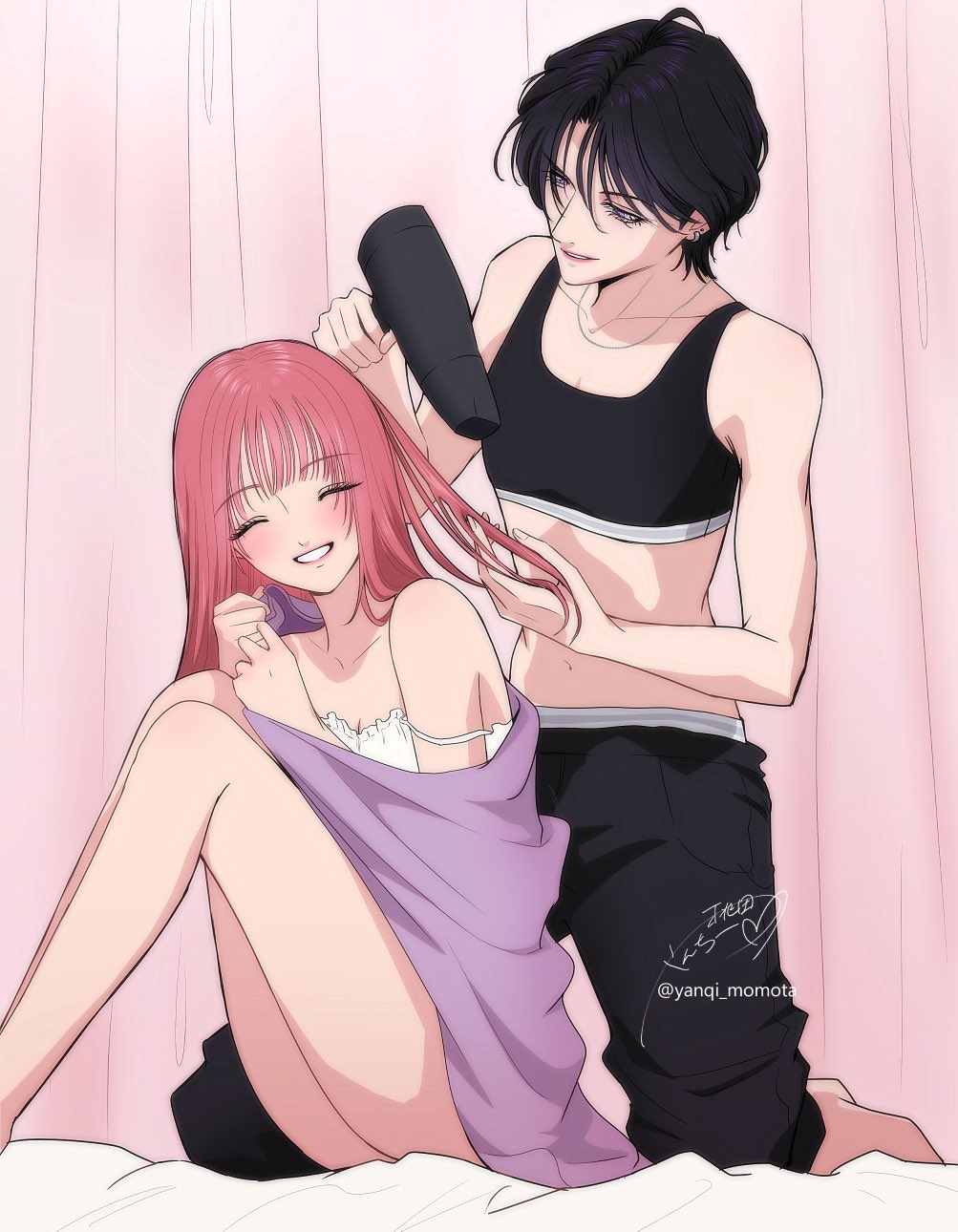 yanqi momota, commentary request, highres, 2girls, aoi-kun ga ikemen sugite tsurai, aoi (aoi-kun ga ikemen sugite tsurai), bare legs, black pants, black sports bra, camisole, closed eyes, drying, drying another's hair, drying hair, hand in another's hair, jewelry, kneeling, long hair, miri (aoi-kun ga ikemen sugite tsurai), multiple girls, necklace, pants, parted lips, pink hair, purple hair, short hair, smile, sports bra, stomach, white camisole, yuri