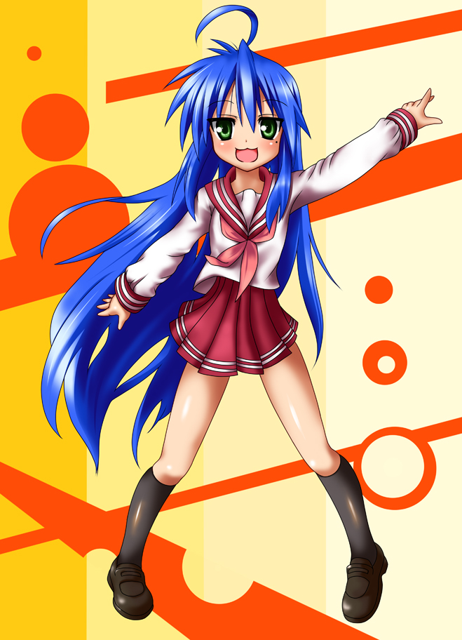 nishiumi yuuta, izumi konata, lucky star, motteke! serafuku, 00s, 1girl, :3, ahoge, blue hair, female focus, green eyes, long hair, mole, mole under eye, school uniform, serafuku, solo