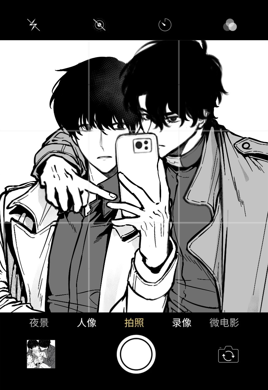 kim dokja, yoo joonghyuk, omniscient reader's viewpoint, highres, 2boys, arm around neck, black coat, black eyes, black hair, black shirt, chinese text, coat, double-parted bangs, fake phone screenshot, fake photograph, fake screenshot, greyscale, hair between eyes, holding, holding phone, looking at viewer, male focus, monochrome, multiple boys, open clothes, open coat, phone, pointing, popped collar, shirt, short hair, stella 37, taking picture, upper body, white coat
