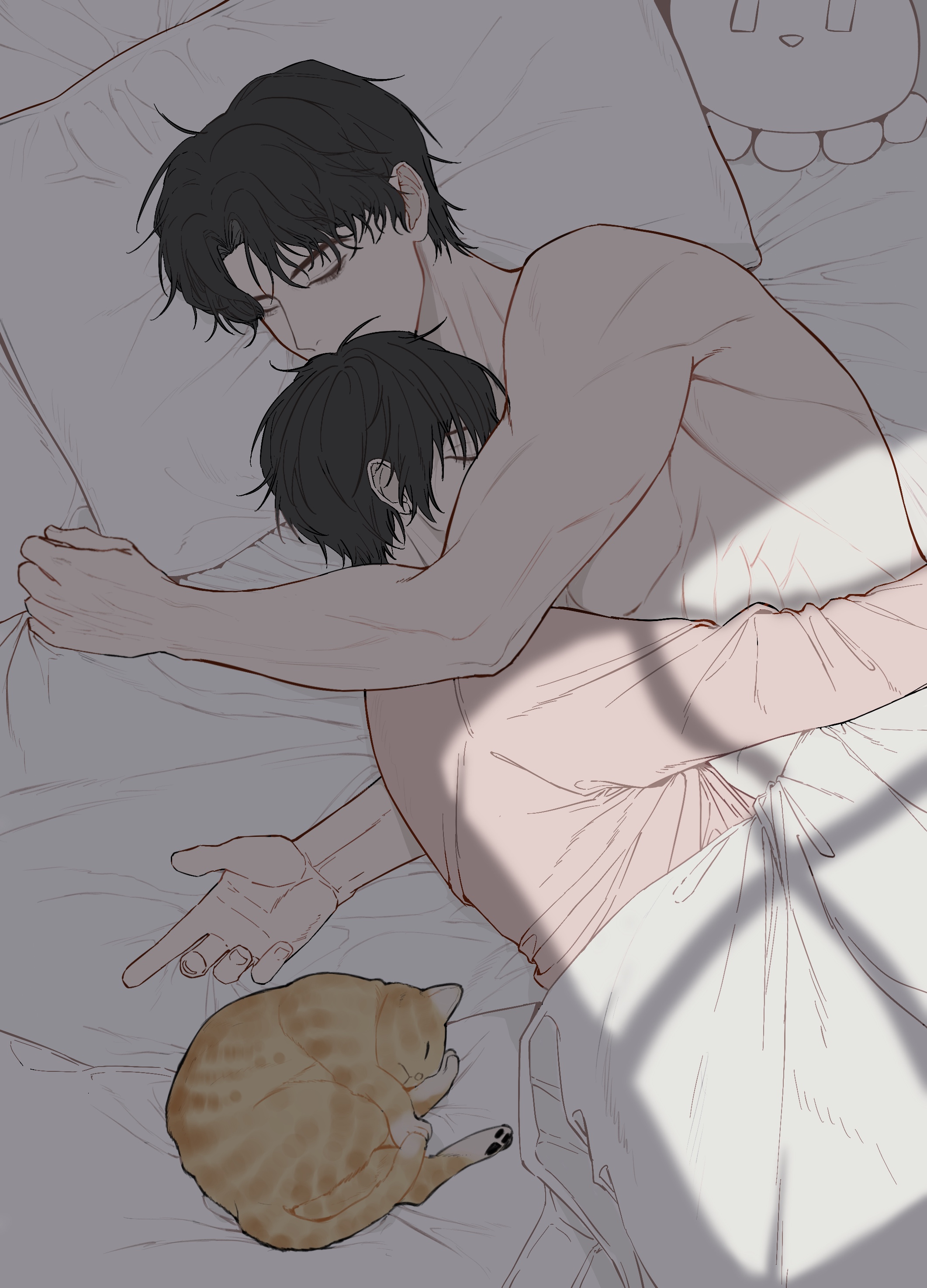 kim dokja, yoo joonghyuk, omniscient reader's viewpoint, absurdres, highres, 2boys, bed, black hair, cat, closed eyes, head on pillow, height difference, hug, male focus, morning, multiple boys, muscular, muscular male, no shirt, pillow, short hair, stella 37, under covers, window light, yaoi