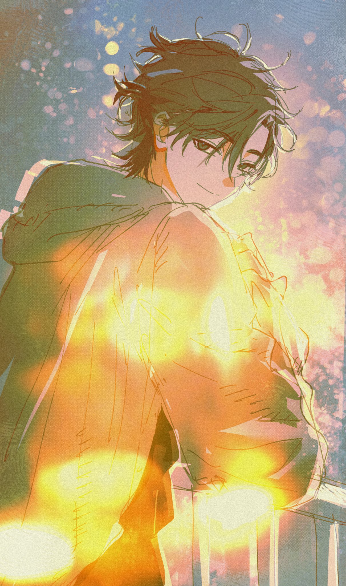 justjust monika, cheng xiaoshi, shiguang dailiren, highres, 1boy, against railing, alternate costume, black eyes, black hair, black shirt, blurry, bokeh, closed mouth, depth of field, grey jacket, hood, hood down, hooded jacket, jacket, lens flare, light particles, light smile, long sleeves, looking at viewer, looking back, male focus, messy hair, outdoors, ponytail, railing, shirt, short hair, short ponytail, sketch, smile, solo, upper body