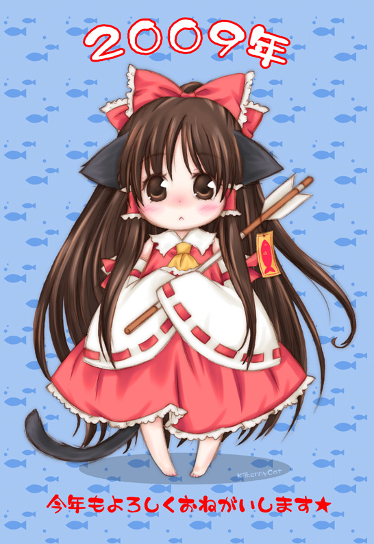 kilkennycat, hakurei reimu, touhou, translated, 00s, 1girl, 2009, :<, animal ears, bow, brown eyes, brown hair, cat ears, cat girl, cat tail, chibi, detached sleeves, female focus, full body, japanese clothes, kemonomimi mode, kotoyoro, long hair, miko, new year, solo, tail
