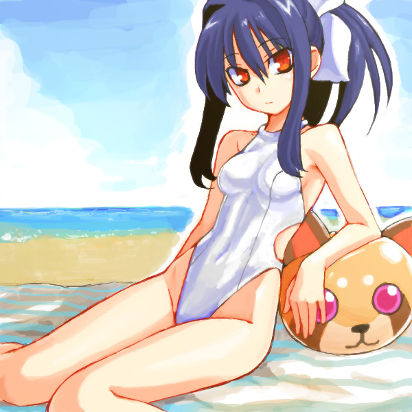 hikabe sakuho, yuuyami no mikazuki, shinrabanshou, ball, beach, beachball, blue hair, day, highleg, highleg one-piece swimsuit, long hair, one-piece swimsuit, ponytail, red eyes, swimsuit, turtleneck