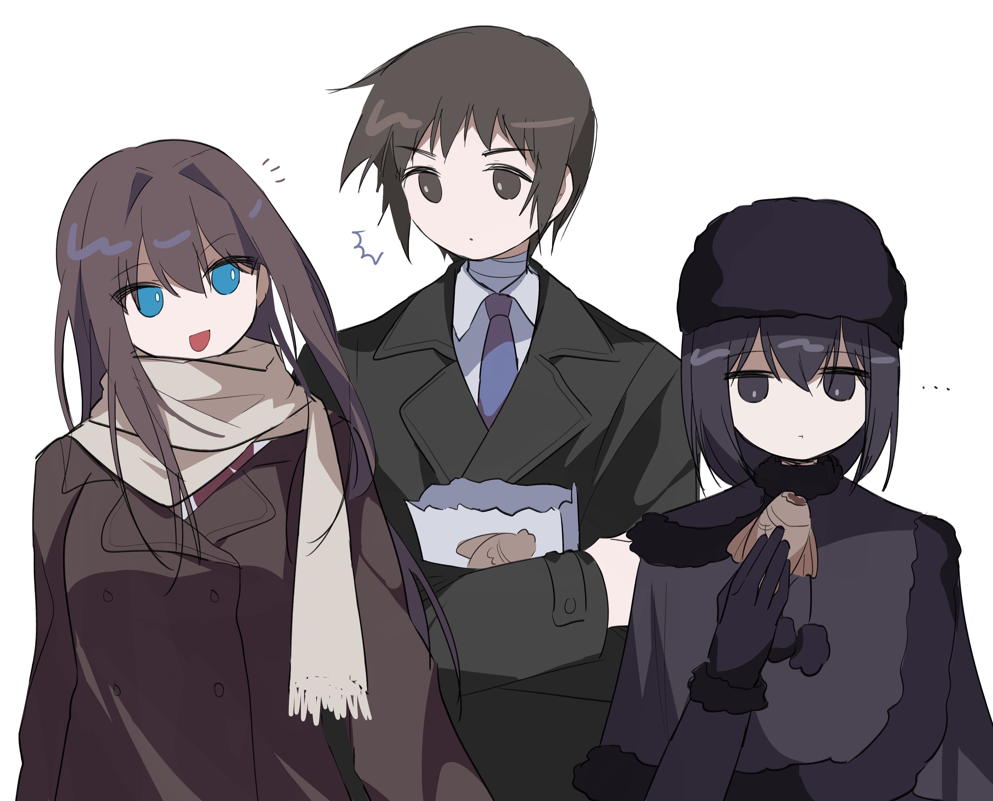 rnqntm, aozaki aoko, kuonji alice, shizuki soujuurou, mahou tsukai no yoru, absurdres, highres, …, 1boy, 2girls, ^^^, black capelet, black coat, black eyes, black hair, black hat, blue eyes, blue necktie, brown coat, brown hair, capelet, coat, collared shirt, hat, jitome, long hair, looking at viewer, medium hair, multiple girls, necktie, scarf, shirt, simple background, white background, white scarf, white shirt