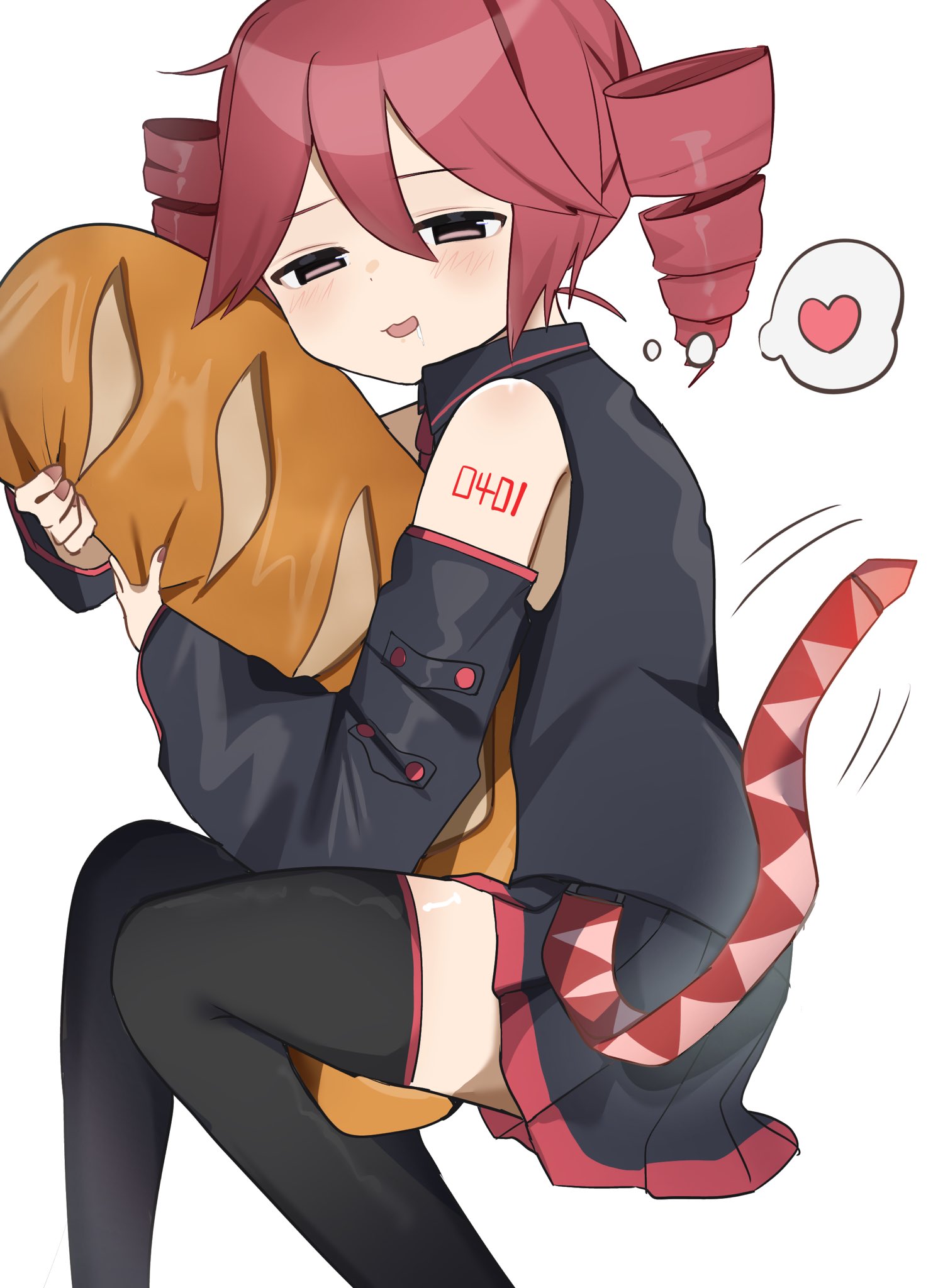 kasane teto, utau, highres, 1girl, baguette, black shirt, black sleeves, black thighhighs, bread, cowboy shot, detached sleeves, drill hair, drooling, food, hair between eyes, holding, holding food, open mouth, red eyes, red hair, saliva, shirt, simple background, sleeveless, sleeveless shirt, smile, solo, thighhighs, twin drills, uuuuua07, white background