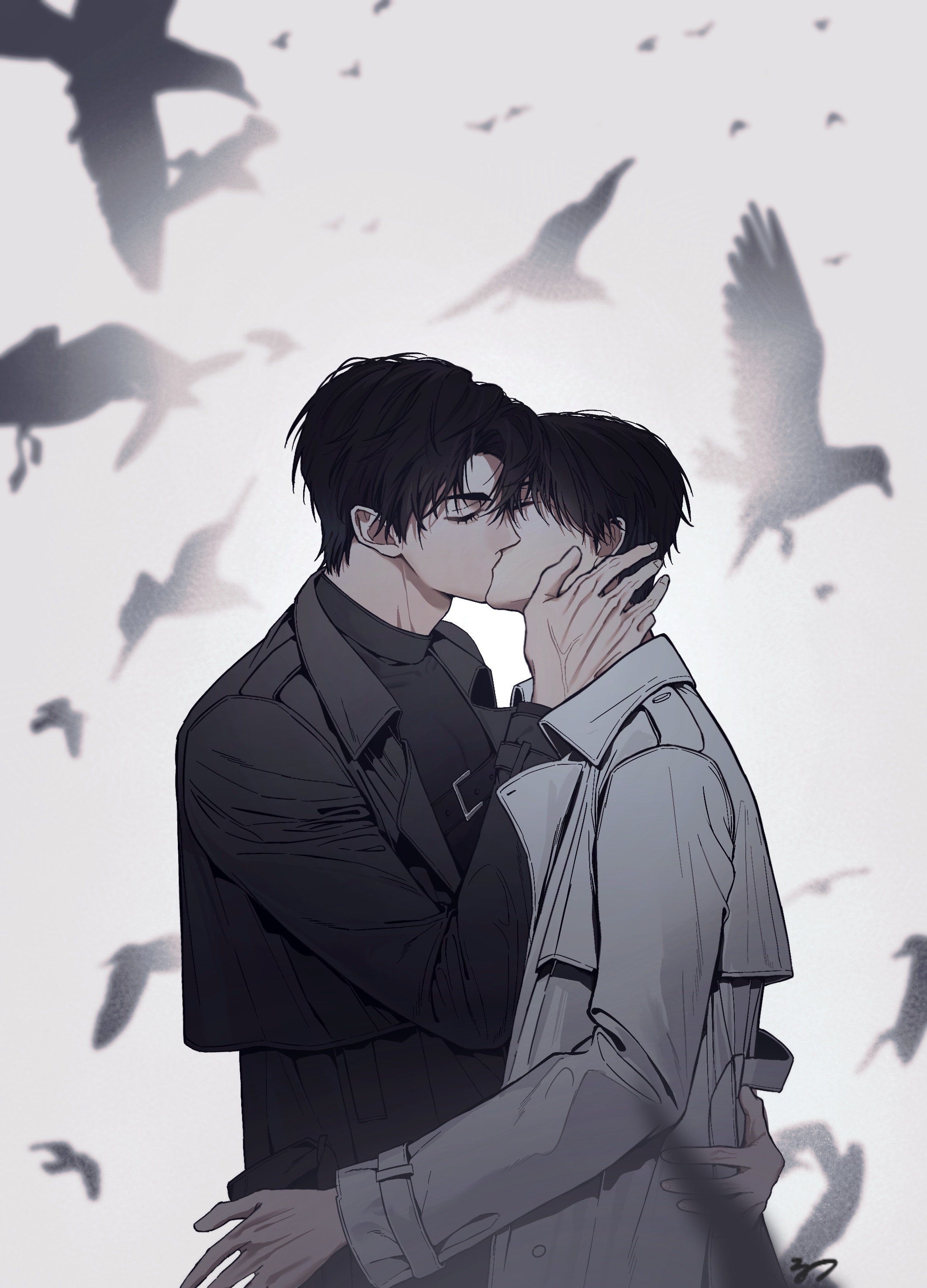 kim dokja, yoo joonghyuk, omniscient reader's viewpoint, absurdres, highres, 2boys, backlighting, bird, black coat, black hair, black shirt, coat, hand on another's back, hand on another's face, head tilt, kiss, male focus, multiple boys, open clothes, open coat, shirt, short hair, stella 37, upper body, white coat, yaoi