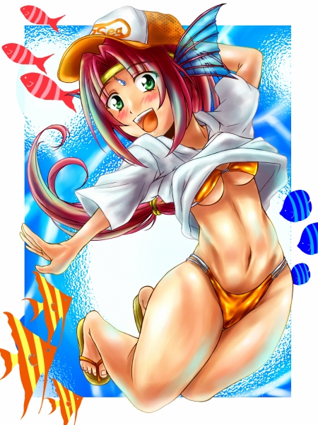 azu (warehouse86), original, 1girl, bikini, blush, breasts, circlet, female focus, fins, fish, flip-flops, green eyes, hat, jumping, long hair, red hair, sandals, shirt, solo, swimsuit, t-shirt, underboob