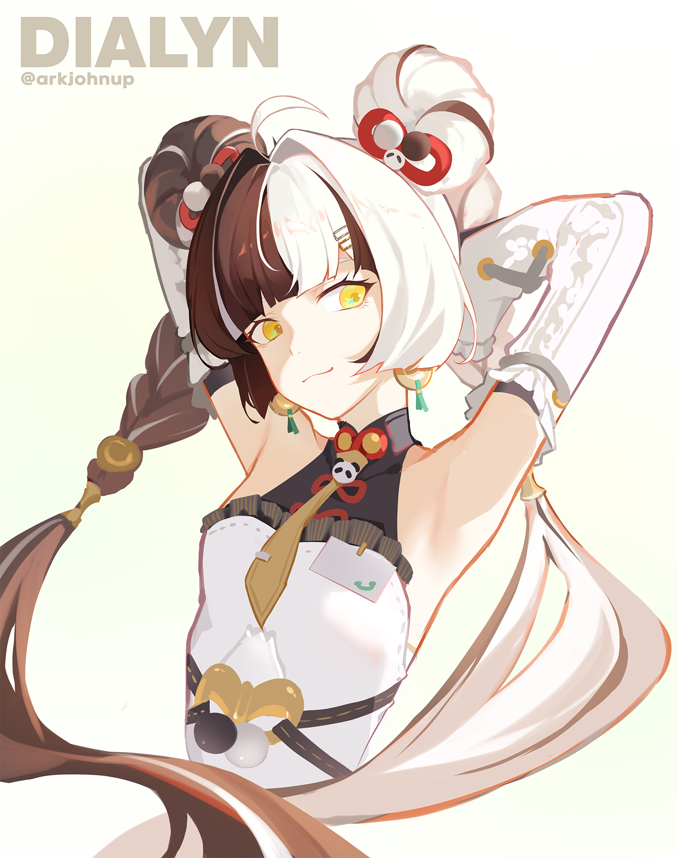 ark john up, dialyn (zenless zone zero), zenless zone zero, commentary request, highres, 1girl, ahoge, armpits, arms behind head, bare shoulders, black hair, braid, braided twintails, character name, china dress, chinese clothes, closed mouth, detached sleeves, dress, earrings, hair extensions, hair intakes, hair ornament, hairclip, id card, jewelry, long hair, looking to the side, multicolored hair, necktie, panda hair ornament, ring hair extensions, solo, sparkling eyes, split-color hair, twitter username, upper body, white background, white dress, white hair, yellow eyes, yellow necktie