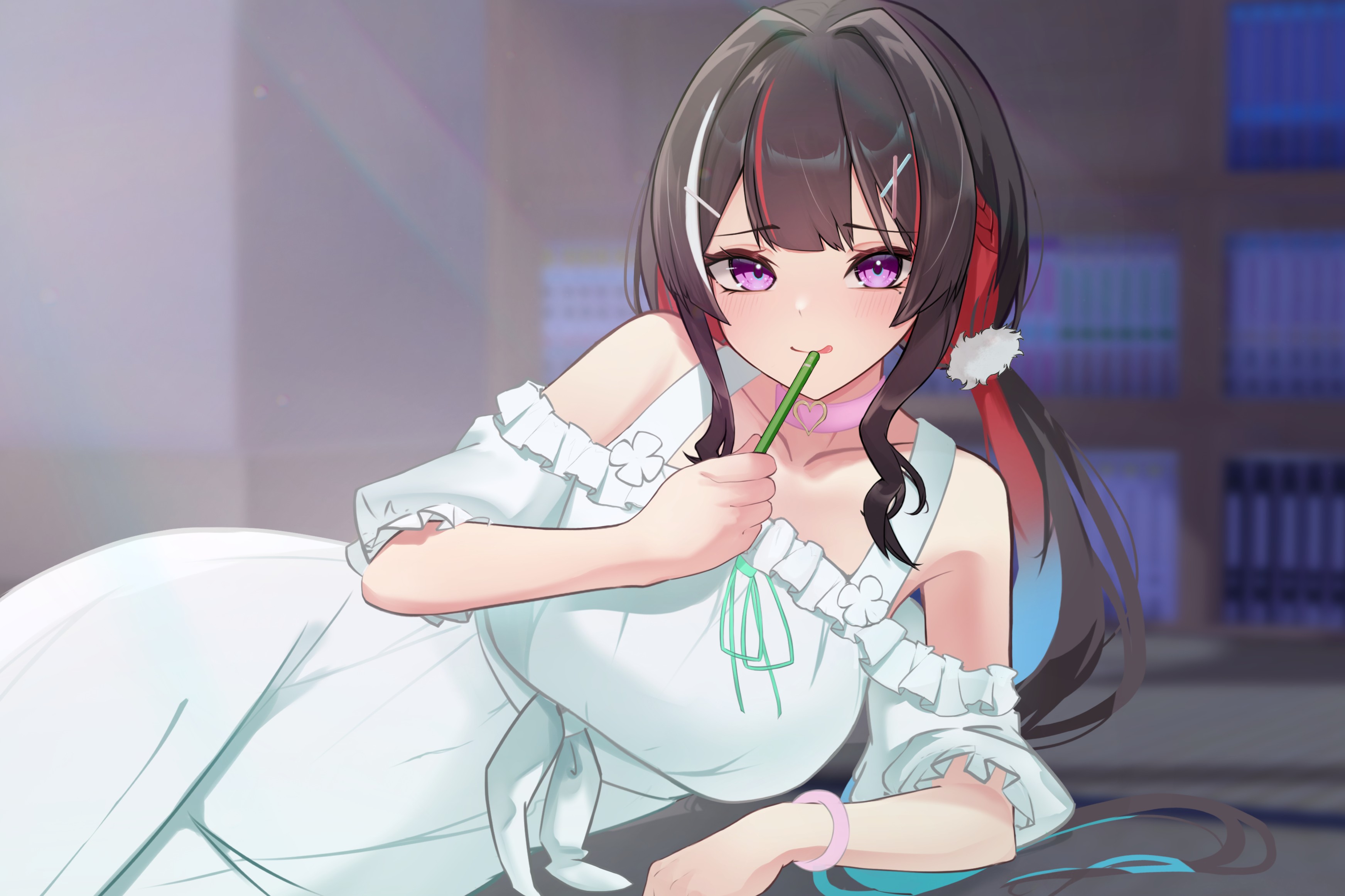rashin, azki (hololive), hololive, absurdres, highres, 1girl, bare shoulders, black hair, blue hair, blush, bookshelf, breasts, choker, colored inner hair, dress, hair ornament, hairclip, holding, large breasts, long hair, looking at viewer, lying, multicolored hair, off-shoulder dress, off shoulder, on side, purple eyes, red hair, short sleeves, smile, solo, streaked hair, twintails, virtual youtuber, white dress