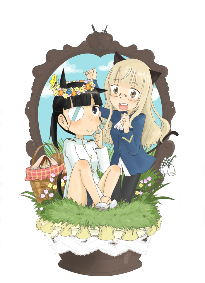 kumichou (kumichoubox), minna-dietlinde wilcke, perrine h. clostermann, sakamoto mio, strike witches, world witches series, uniform, bad id, bad pixiv id, 00s, 3girls, animal ears, basket, black hair, blonde hair, blush, cat ears, cat tail, chibi, crown, eyepatch, faux figurine, flower, glasses, grass, hair ornament, head wreath, long hair, multiple girls, pantyhose, smile, swimsuit, tail, wreath, yellow eyes