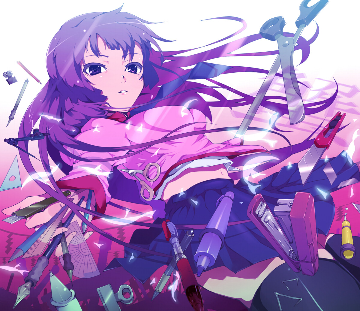 kasai shin, senjougahara hitagi, bakemonogatari, monogatari (series), 00s, 1girl, black thighhighs, female focus, long hair, mechanical pencil, pen, pencil, purple eyes, purple hair, ruler, school uniform, scissors, set square, solo, staple, stapler, staples, thighhighs, wooden pencil