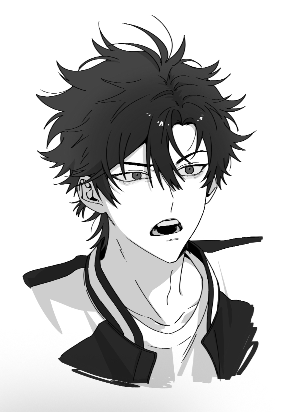mrsseven745, cheng xiaoshi, shiguang dailiren, highres, 1boy, antenna hair, collarbone, fangs, greyscale, hair between eyes, jacket, looking at viewer, male focus, messy hair, monochrome, multicolored jacket, open clothes, open jacket, open mouth, ponytail, portrait, shirt, short hair, short ponytail, simple background, solo, teeth, upper body, white background