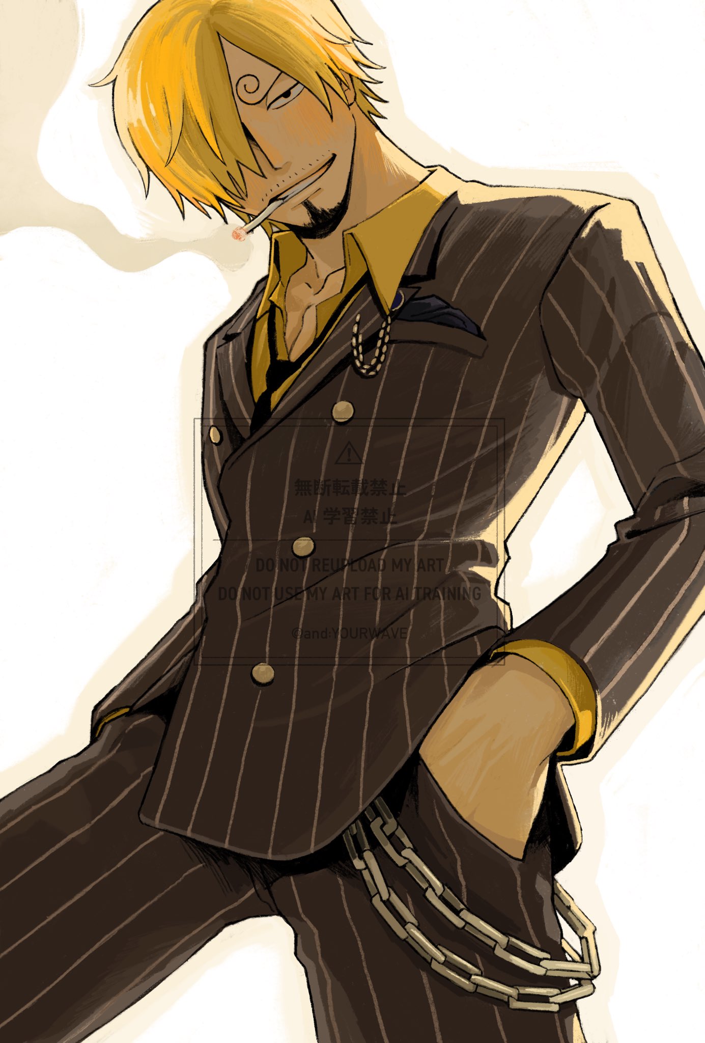 sanji (one piece), one piece, highres, 1boy, allout, blonde hair, blush, collared shirt, curly eyebrows, facial hair, goatee, hair over one eye, hands in pockets, male focus, mustache, shirt, short hair, smile, smoke, solo, vertical-striped suit, yellow shirt