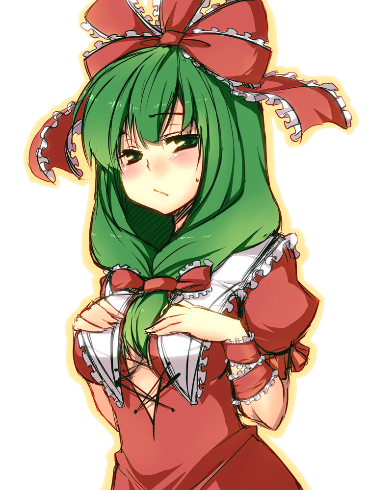 hirase yuu, kagiyama hina, touhou, 1girl, :/, arm ribbon, armband, blush, bow, breast suppress, breasts, cleavage, dress, embarrassed, female focus, frills, front ponytail, green eyes, green hair, hair ribbon, headdress, large breasts, long hair, looking at viewer, matching hair/eyes, ribbon, solo, sweatdrop