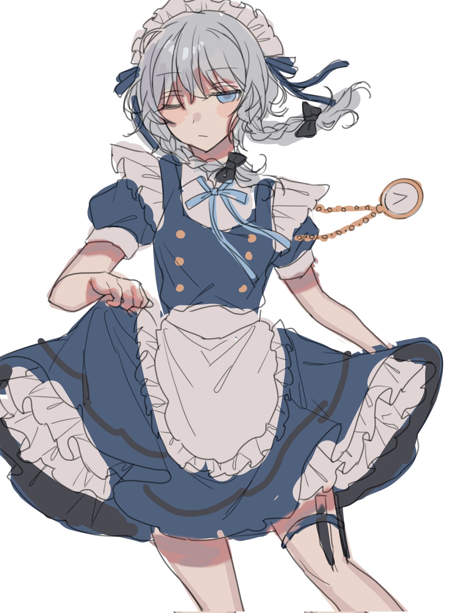 amatukimahoro, izayoi sakuya, touhou, commentary request, highres, 1girl, :/, apron, blue dress, blue eyes, braid, clothes lift, dress, dress lift, expressionless, frills, hair ribbon, looking at viewer, maid, maid apron, maid headdress, one eye closed, pocket watch, ribbon, shirt, short sleeves, solo, thigh strap, twin braids, watch, white background, white hair, white shirt