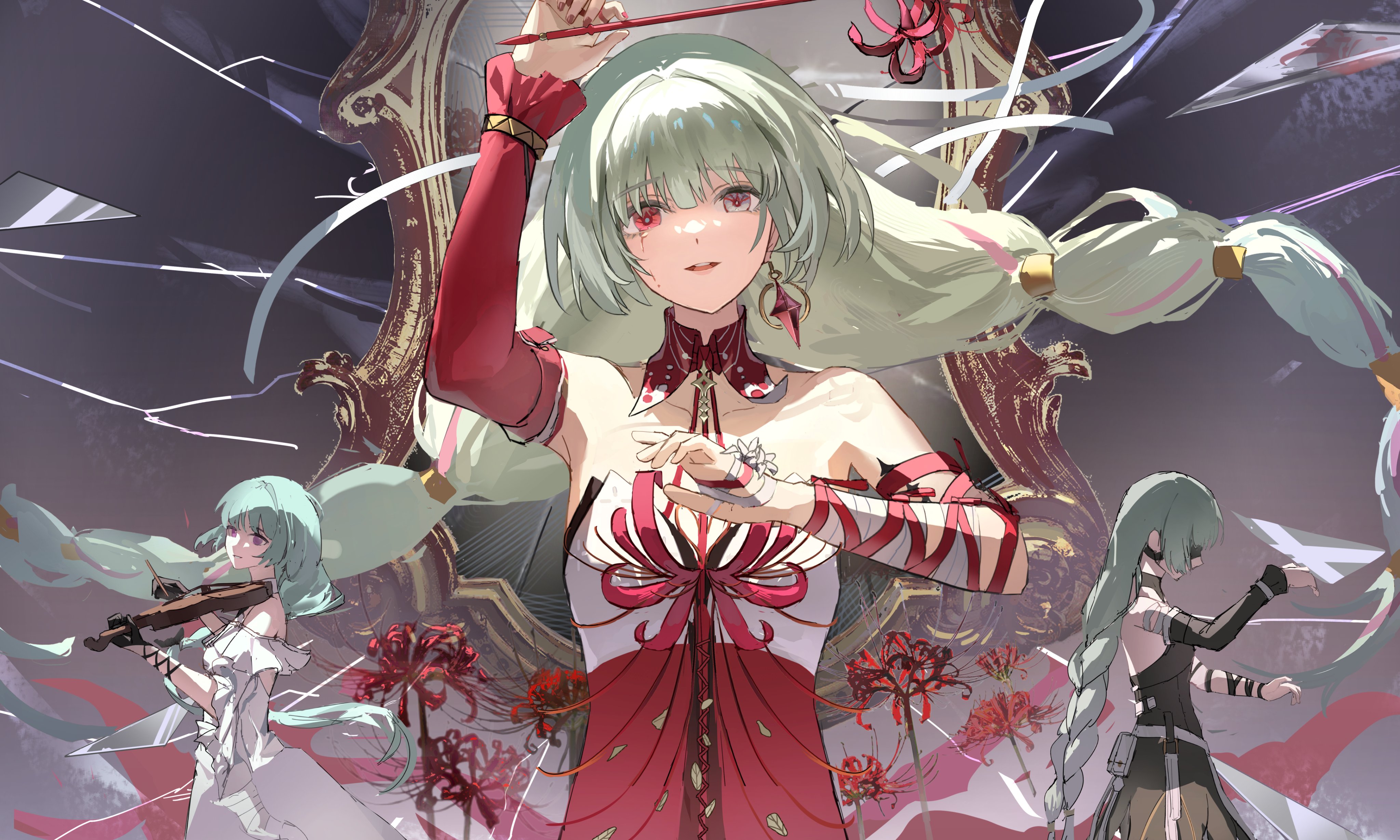 zhongyuanqing, phrolova (wuthering waves), wuthering waves, absurdres, commentary, highres, revision, symbol-only commentary, 1girl, arm up, bandaged arm, bandages, black dress, black gloves, braid, breasts, broken glass, collarbone, detached sleeves, dress, earrings, flower, glass, gloves, grey eyes, grey hair, halter dress, halterneck, heterochromia, holding, holding flower, instrument, jewelry, long hair, looking at viewer, low twin braids, medium breasts, mirror, multicolored hair, multiple persona, music, nail polish, parted lips, playing instrument, purple eyes, red dress, red eyes, red nails, single detached sleeve, smile, spider lily, streaked hair, twin braids, violin, white dress