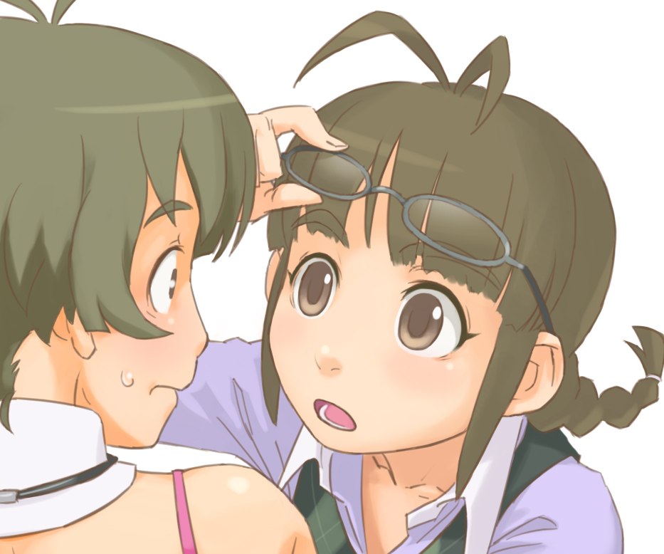 ebinera, akizuki ritsuko, akizuki ryo, idolmaster, idolmaster (classic), idolmaster dearly stars, eyebrows, 00s, 1boy, 1girl, antenna hair, bare shoulders, blush, braid, brown eyes, brown hair, constricted pupils, crossdressing, cute & girly (idolmaster), glasses, holding, holding removed eyewear, jewelry, necklace, nervous, open collar, portrait, short hair, trap, twin braids, twintails, unworn eyewear, white background