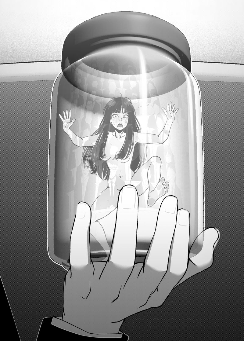 kusujinn, non-web source, black hair, blush, completely nude, covering privates, crowd, hair censor, jar, nude, sentenced to nudity