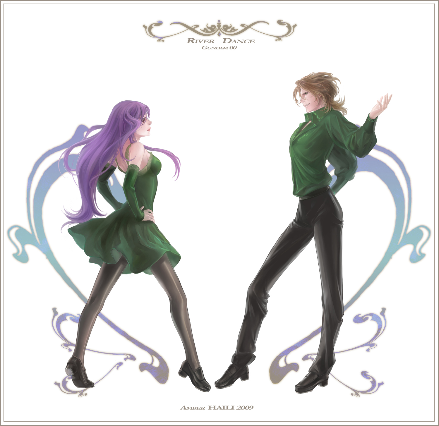haili, anew returner, lockon stratos, lyle dylandy, neil dylandy, tieria erde, gundam, gundam 00, riverdance, light purple hair, bad id, bad pixiv id, gender request, highres, 1boy, 1girl, brown hair, couple, dancing, detached sleeves, dress, genderswap, green eyes, hetero, legs, long hair, pantyhose, parody, purple eyes, purple hair, red eyes, river dance