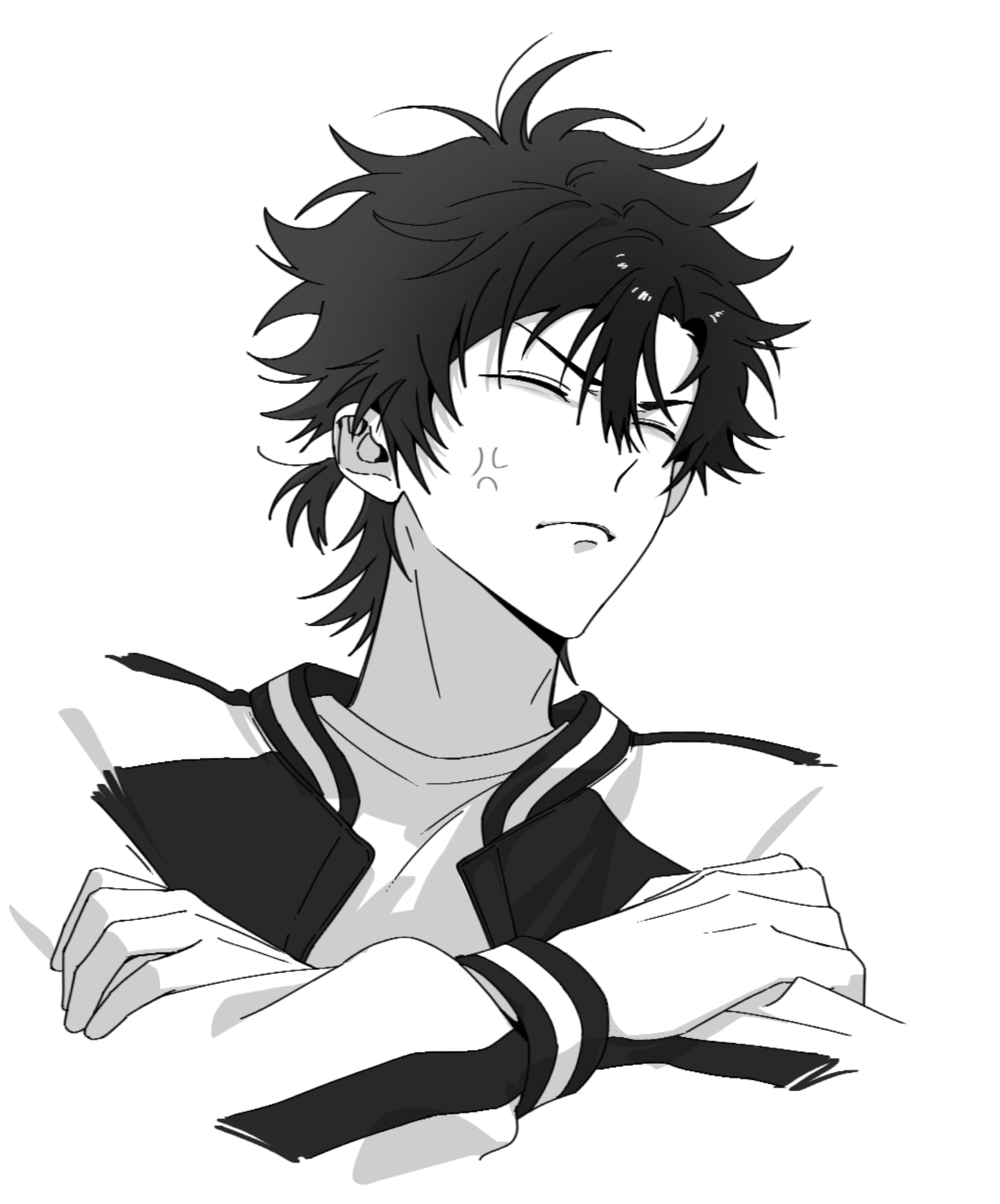 mrsseven745, cheng xiaoshi, shiguang dailiren, highres, 1boy, anger vein, antenna hair, closed eyes, closed mouth, crossed arms, frown, greyscale, hair between eyes, jacket, long sleeves, male focus, messy hair, monochrome, multicolored jacket, ponytail, shirt, short hair, short ponytail, simple background, solo, upper body, white background
