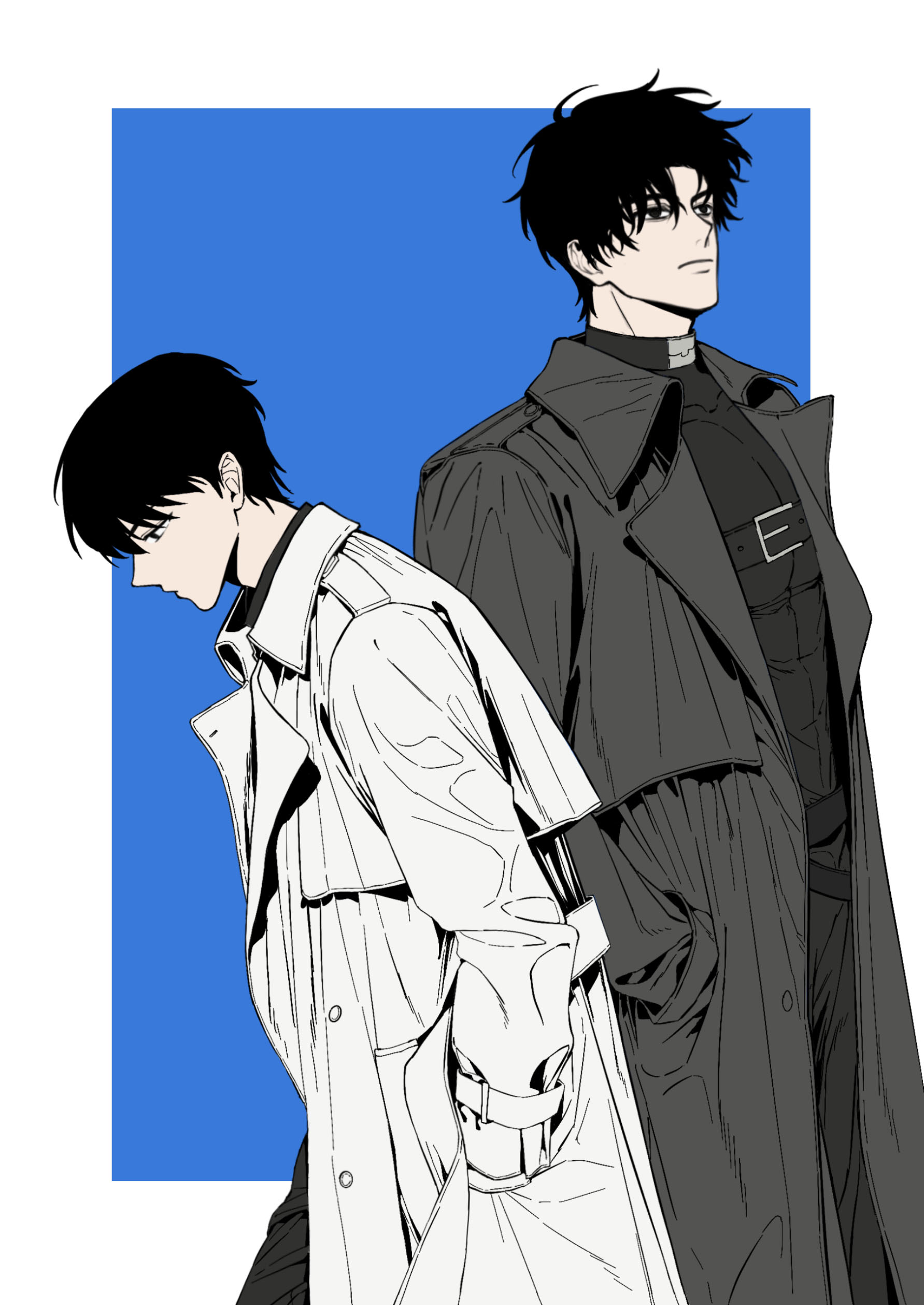 kim dokja, yoo joonghyuk, omniscient reader's viewpoint, absurdres, highres, 2boys, black coat, black hair, black shirt, border, chest belt, coat, cowboy shot, hands in pockets, male focus, multiple boys, open clothes, open coat, outside border, popped collar, shirt, short hair, stella 37, white border, white coat