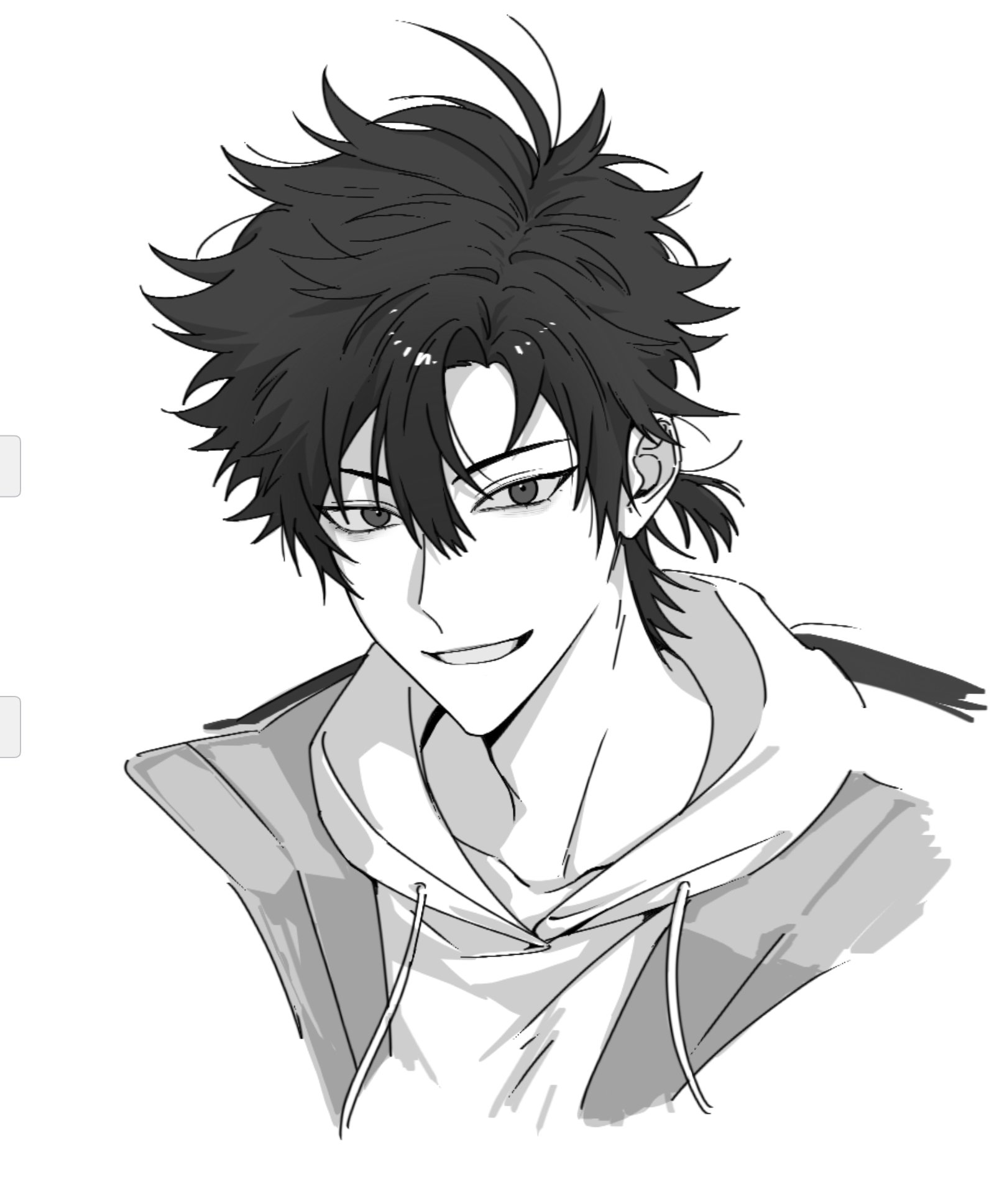 mrsseven745, cheng xiaoshi, shiguang dailiren, highres, 1boy, drawstring, greyscale, grin, hair between eyes, hood, hood down, hoodie, jacket, looking at viewer, male focus, messy hair, monochrome, open clothes, open jacket, open mouth, ponytail, portrait, shirt, short hair, short ponytail, simple background, smile, solo, upper body, white background
